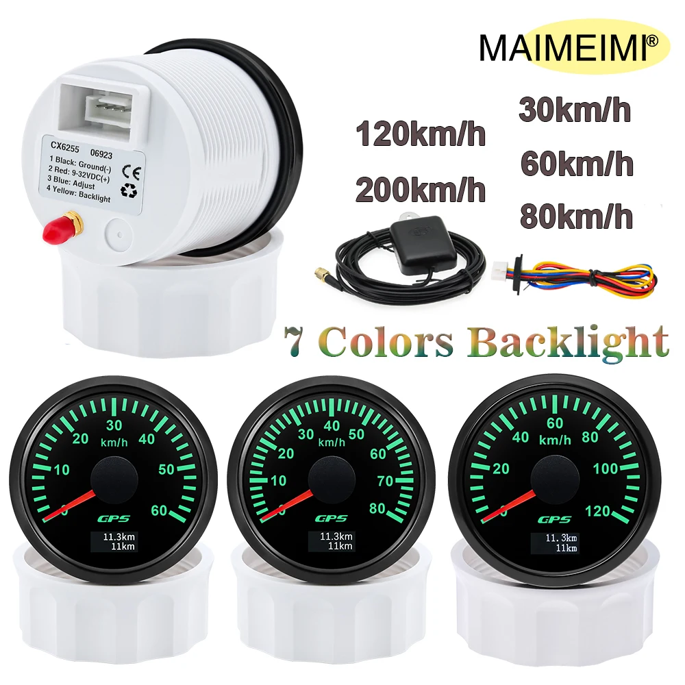30/60/80/120/200 Km/h GPS Speedometer With GPS Antenna for 12V 24V Car Boat Marine Waterproof Speed Gauge Odometer 7 Colors led