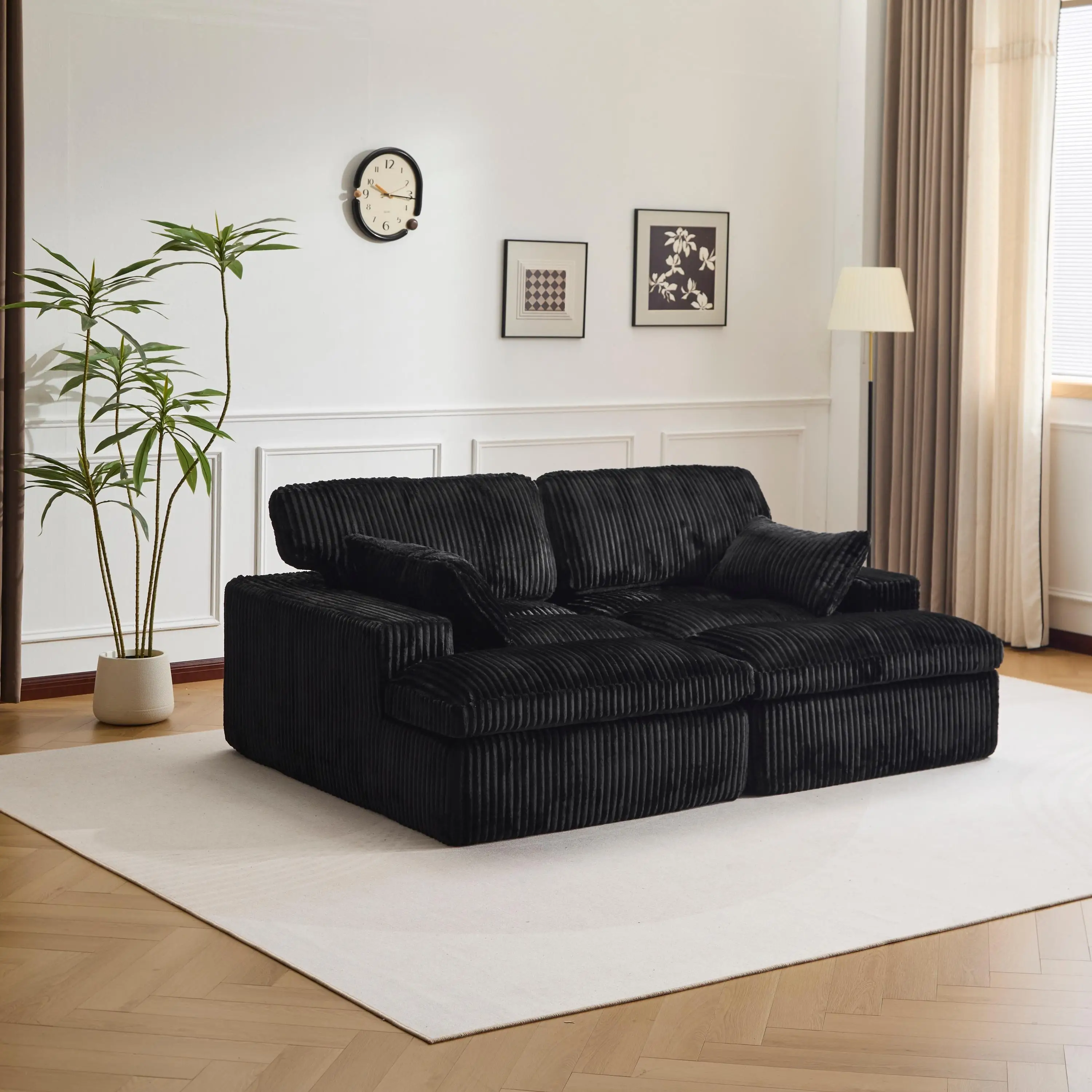 2-in-1-Schlafsofa aus schwarzem Cord für das Wohnzimmer, kein Zusammenbau erforderlich, klappbares Futon-Couchbett, bequemes, modernes Schlafsofa