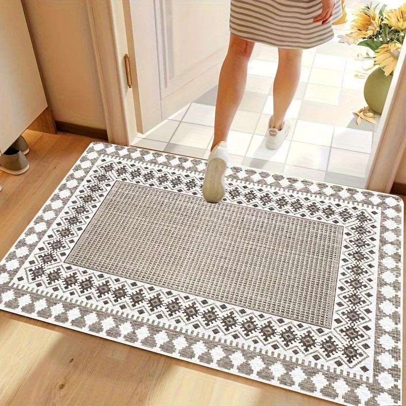 VIKAMA Badezimmerteppiche, Vintage-Boho-Badematten, hellgraue Geometrie, kleine Badematte, rutschfest, waschbar, Duschteppich für Heimdekoration Image