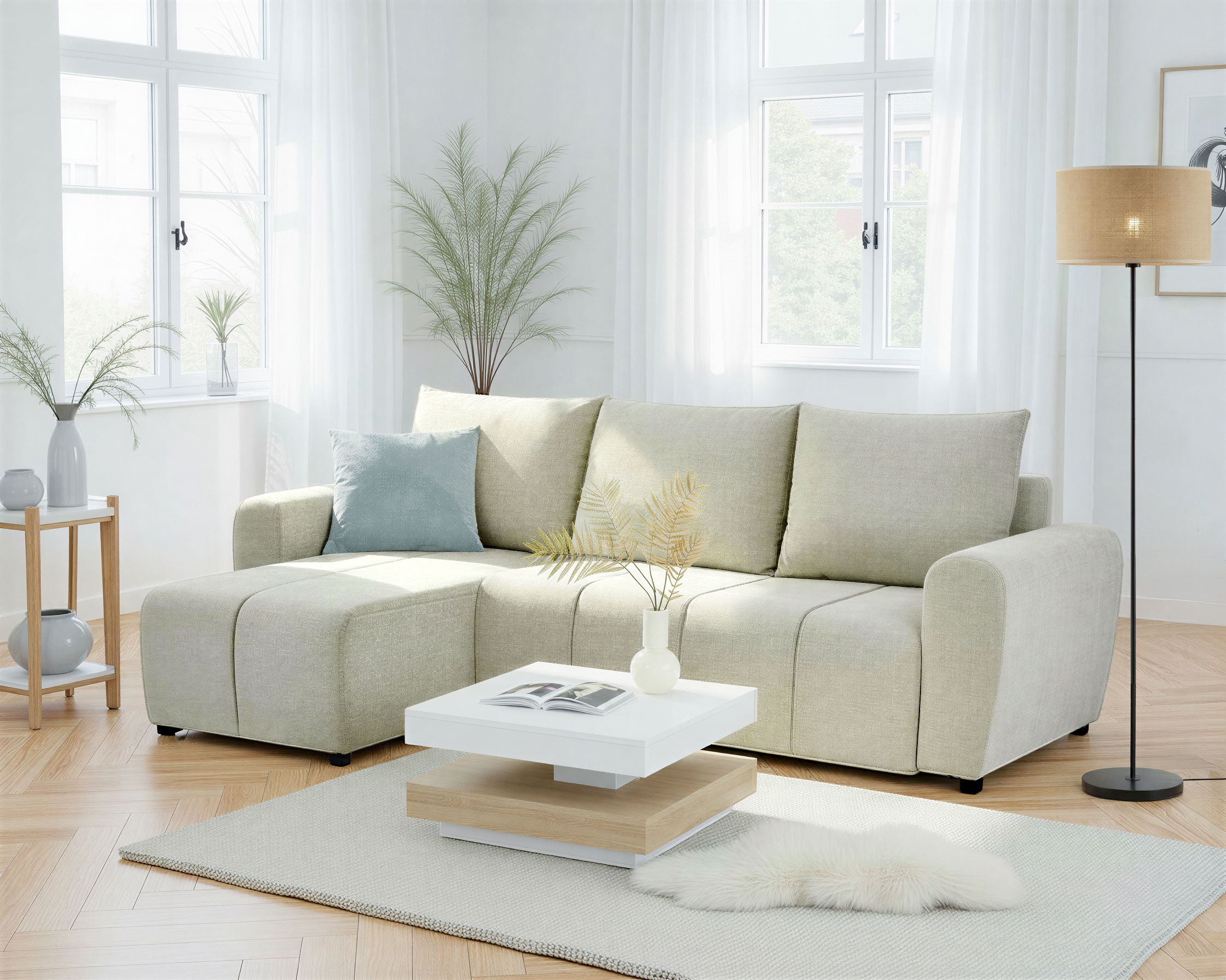 Ecksofa HOME AFFAIRE "Nortrud, 241 cm, L-Form, mit Schlaffunktion u. Bettkasten", creme, B:241cm H:82cm T:144cm, 100% Polyester, Sofas, Ecksofa, Recamiere rechts / links montierbar, Feinstruktur-Bezug Image