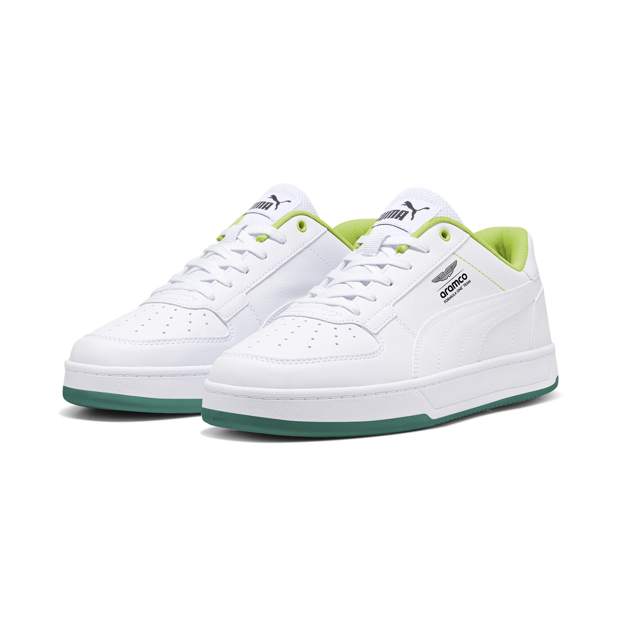 Sneaker PUMA "PUMA x ASTON MARTIN ARAMCO F1 TEAM Caven 2.0 Sneakers", Damen, Gr. 44,5, weiß lime shimmer grün, Obermaterial: Textil, Synthetik; Futter: Textil; Laufsohle: Gummi, Schuhe Sneaker