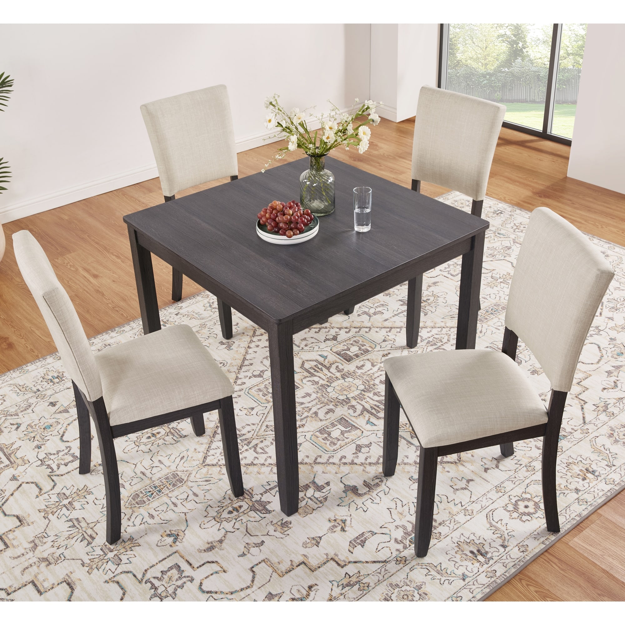 5-Piece Wooden Dining Set with Square Table and 4 Upholstered Chairs, Kitchen Table Set with Scratch-Resistant Tabletop