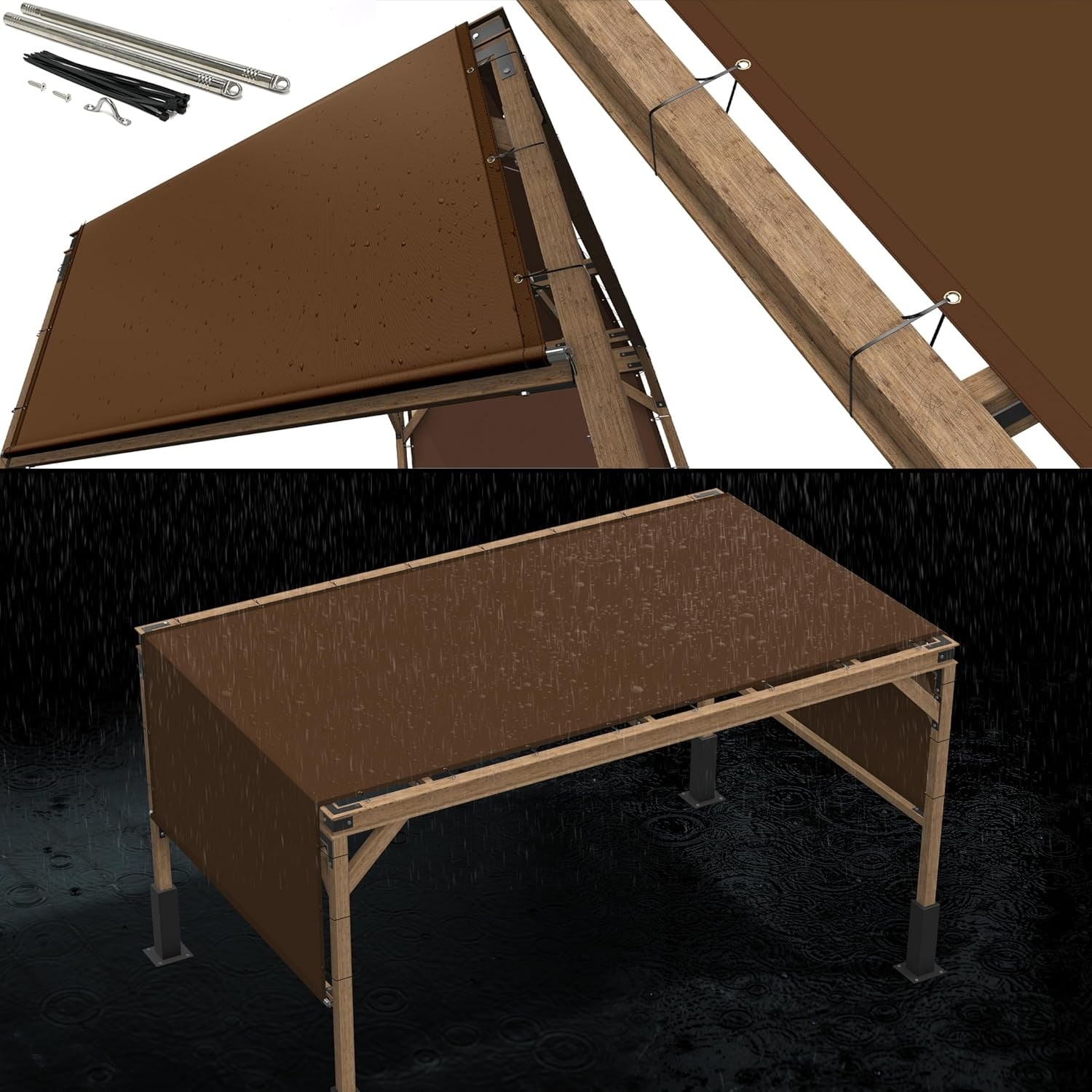 8' x 12' Waterproof Brown Pergola Sun Shade Canopy Replacement Cover with UV Protection and Stainless Steel Weighted Rods