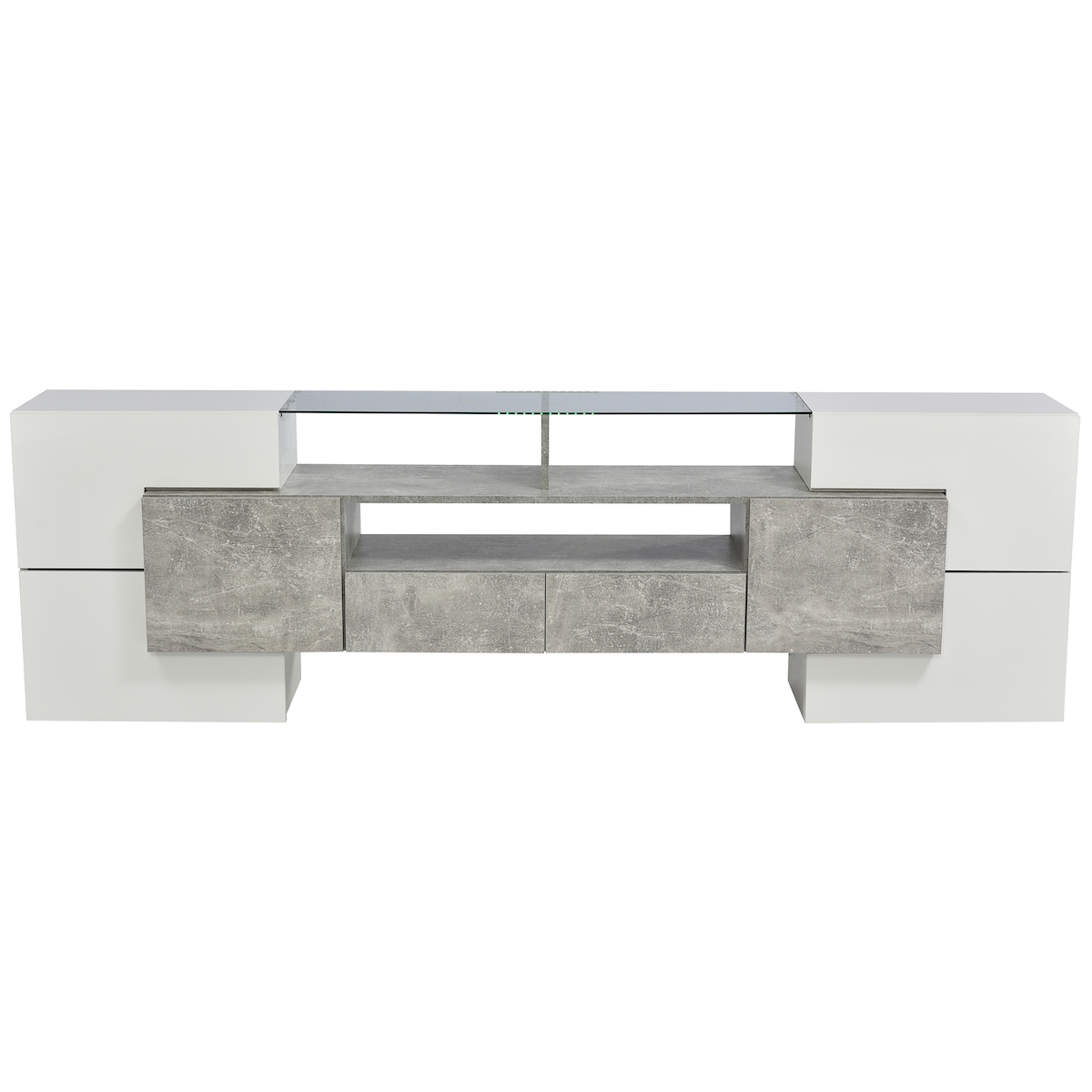 OKWISH TV-Schrank Hochglanz Weiß Betonoptik 200x35x60 cm mit LED-Beleuchtung 6 Türen 2 Schubladen 3 Fächer modernes Design Wohnzimmer Image