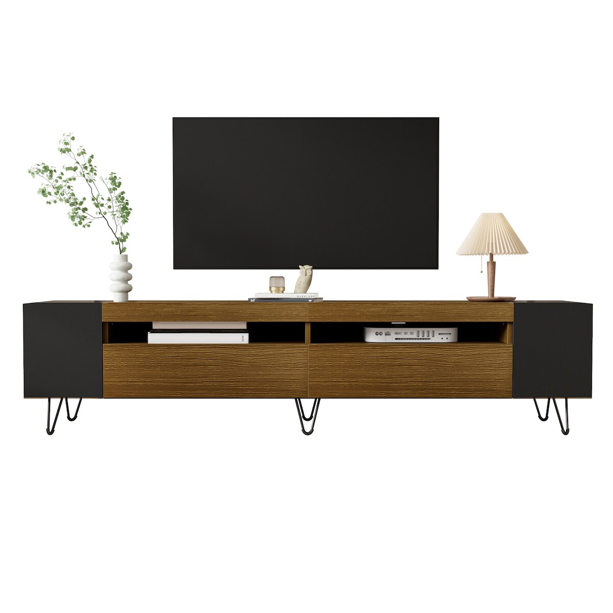 OKWISH TV-Schrank 180x36x43 cm Schwarz Holzoptik Wohnzimmermöbel 2 Türen 3 Fächer Offene Regale Stabil Modern Viel Stauraum Image