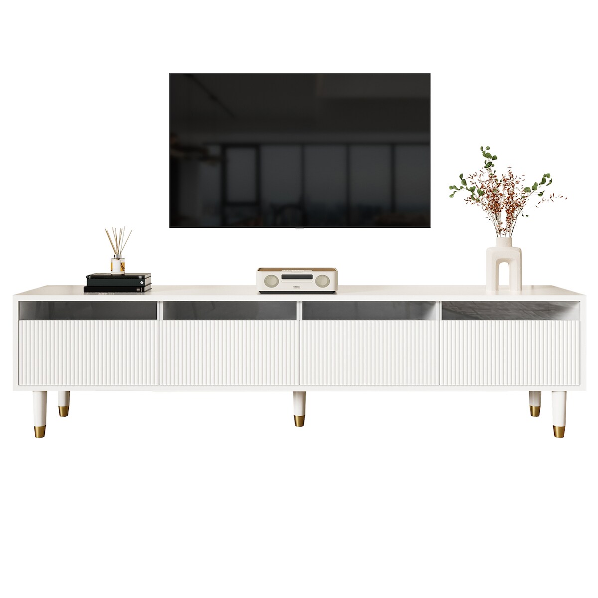 OKWISH Weißer TV-Schrank 178x35x45 cm Wohnzimmermöbel TV-Tisch mit 4 Schubladen Kabelmanagement MDF Acryl Minimalistisch Reinweiß Image