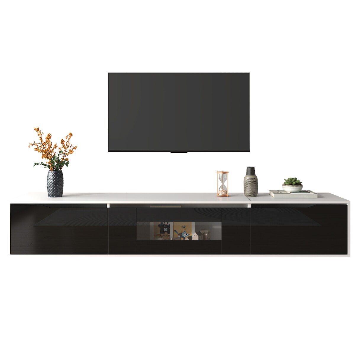 OKWISH TV-Schrank 180x35x30cm mit LED Beleuchtung, Hochglanz Front, geriffelten Türen, modernem Design, Wandmontage, Stauraum, Schwarz Weiß Image