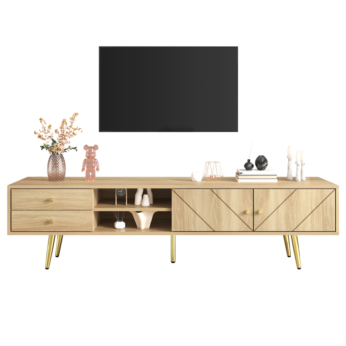 OKWISH TV-Schrank Holzoptik mit Rillendesign 160x36x42cm TV-Board Schubladen Türen Offenes Fach Wohnzimmer Regal Naturfarbe Gold Image
