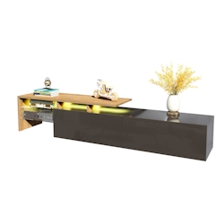 OKWISH TV-Schrank 170x33x33 cm mit LED-Beleuchtung und Glasböden, Hochglanz-TV-Möbel mit Stauraum, modernes TV-Lowboard, Schwarz und Holz