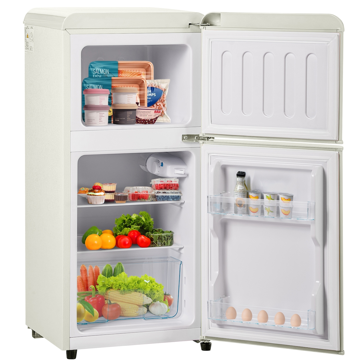 OKWISH Zweitüriger 88x45x 42 cm Retro Kühlschrank 60L Kühlfach 22L Gefrierfach E-Klasse freistehend LED Mini Haushaltsgerät Retro Design cremeweiß Image