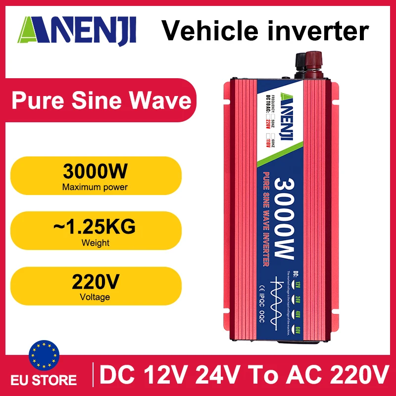 ANENJI onduleur de véhicule onduleur à onde sinusoïdale Pure 3KW DC 12V 24V à AC 220V convertisseur de tension de puissance onduleur solaire de voiture pour RV SUV