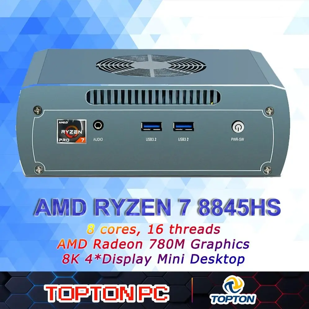 TOPTON Mini PC AMD Ryzen 7 8845HS R5 7640HS Mini PC double LAN, AMD Radeon 780M, double HDMI/double DP/maison/bureau/Mini ordinateur
