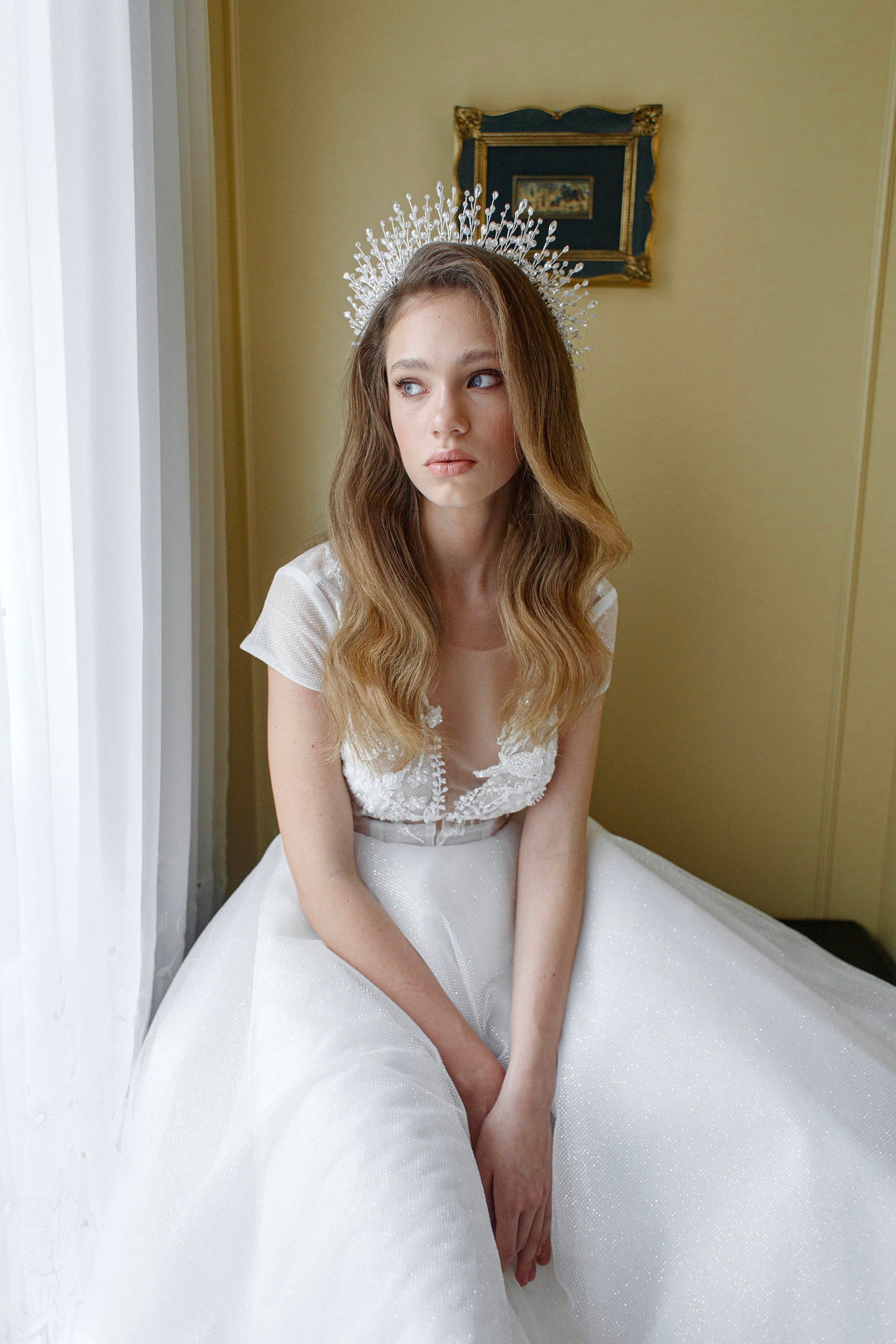 Diadema da sposa con cristalli, diadema con cristalli trasparenti, grande diadema d'argento, diadema dorato, corona dorata, corona di cristalli traspa