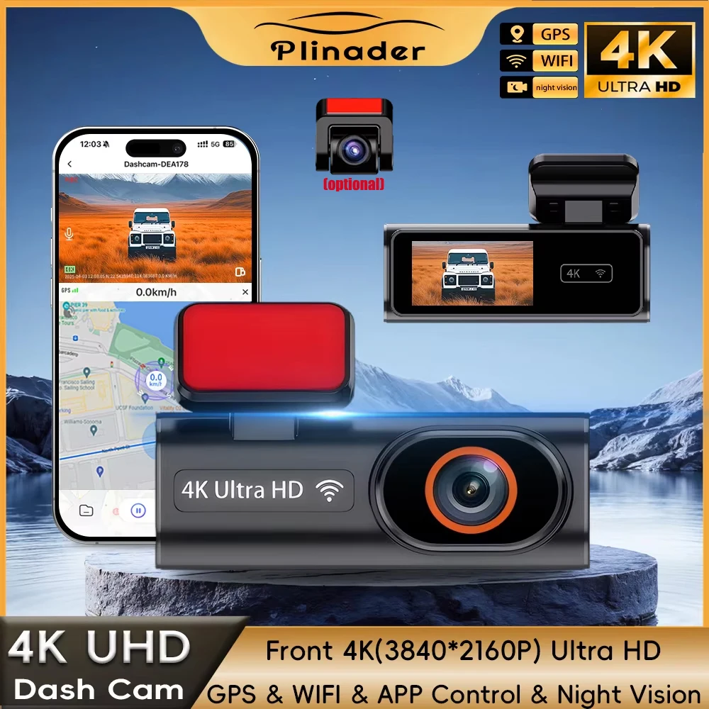 Plinader Dash Cam WIFI GPS Mini CAR DVR Front 4K And Rear 1080P Dual Lens Black Box Room Camera Night Vision 24H Parking Monitor