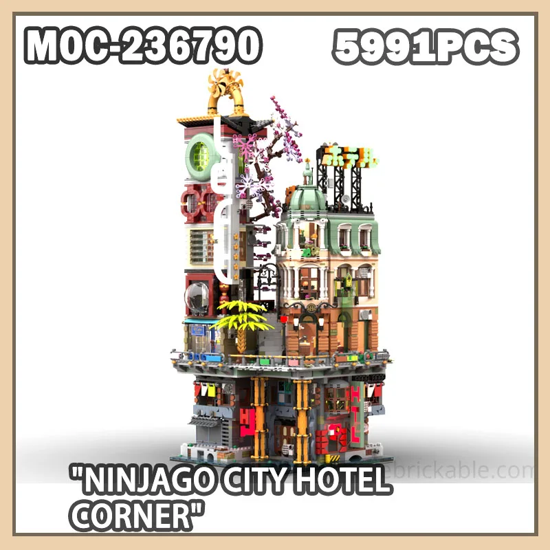 MOC-236790 Ninjago City Hotel Corner House Bausteinmodell Ziegelpartikel-Set Kreative Geschenke Moderner Stil Design 5991PCS Image