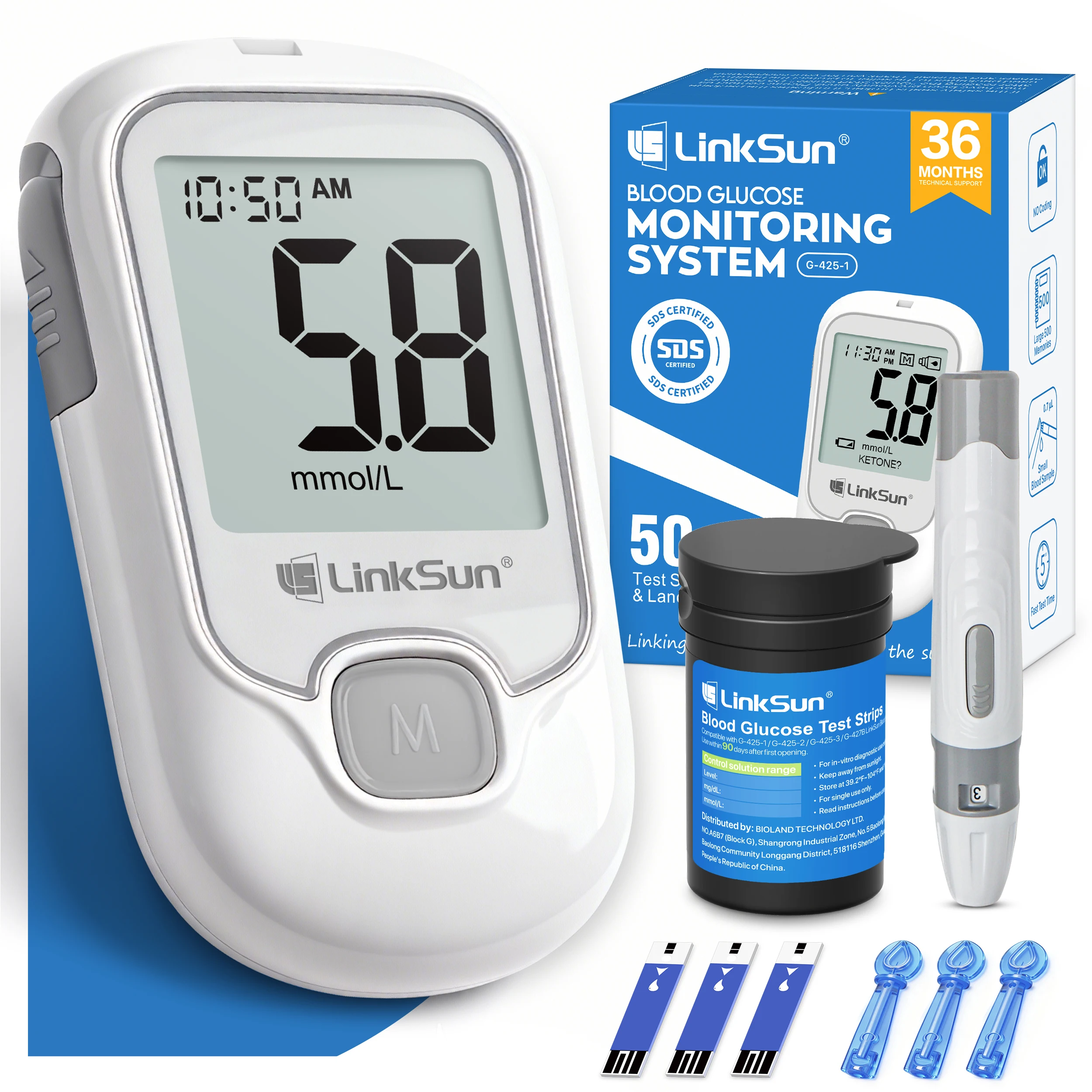 G-425-1 LinkSun Blutzuckermessgerät-Set, 50/100 Stück, Teststreifen, Lanzetten für Diabetes-Monitor, digitales Glucometer, Blutzuckermessgerät Image