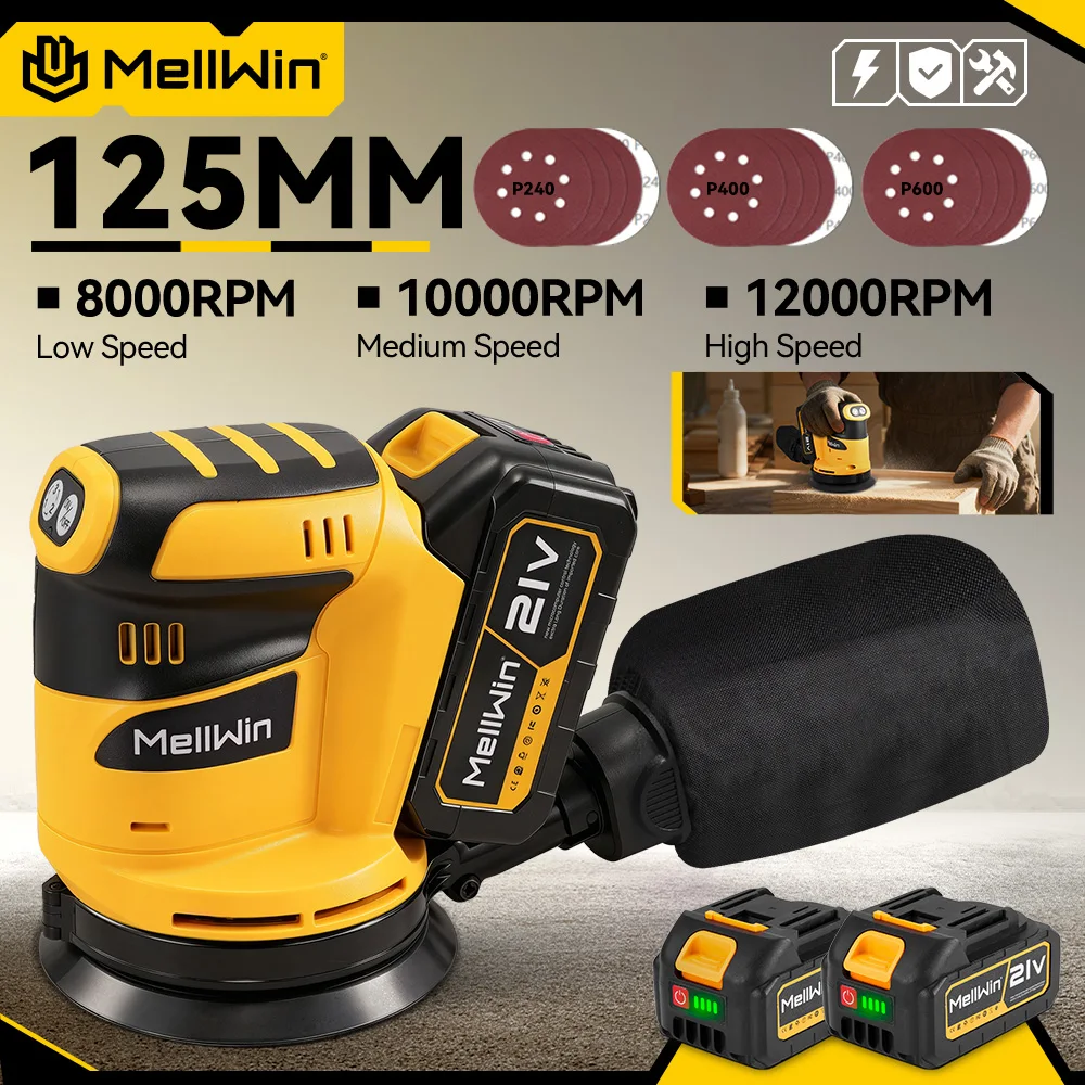 MELLWIN Elektrischer Exzenterschleifer, 3 Geschwindigkeiten einstellbar, kabellose Schleif- und Poliermaschine, Holzbearbeitungswerkzeug für Makita 18 V Batterie-Pin Image