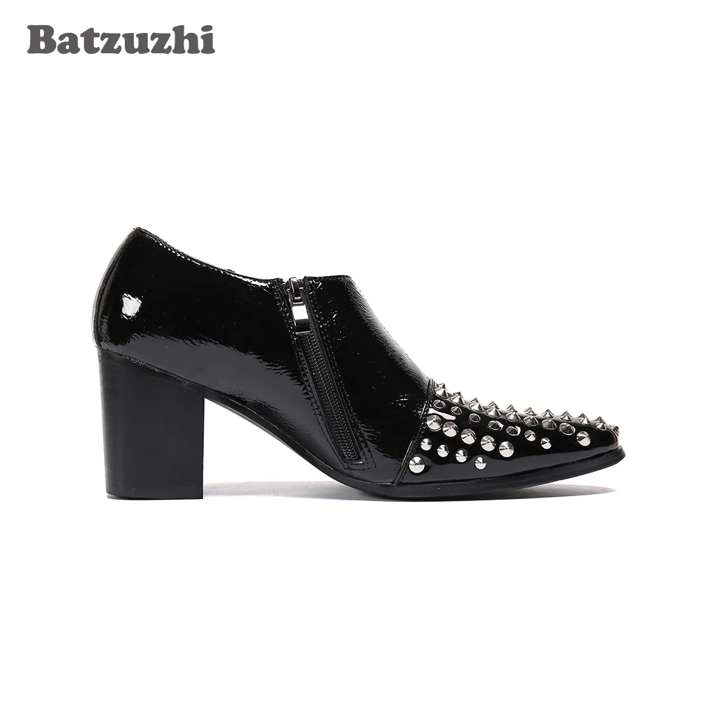 Batzuzhi Schwarze Stiefeletten aus echtem Leder, 7 cm, Herrenschuhe mit hohem Absatz, spitzer Zehenbereich, Nieten, Reißverschluss, Vintage-Botas Hombre, große Größen, EU46