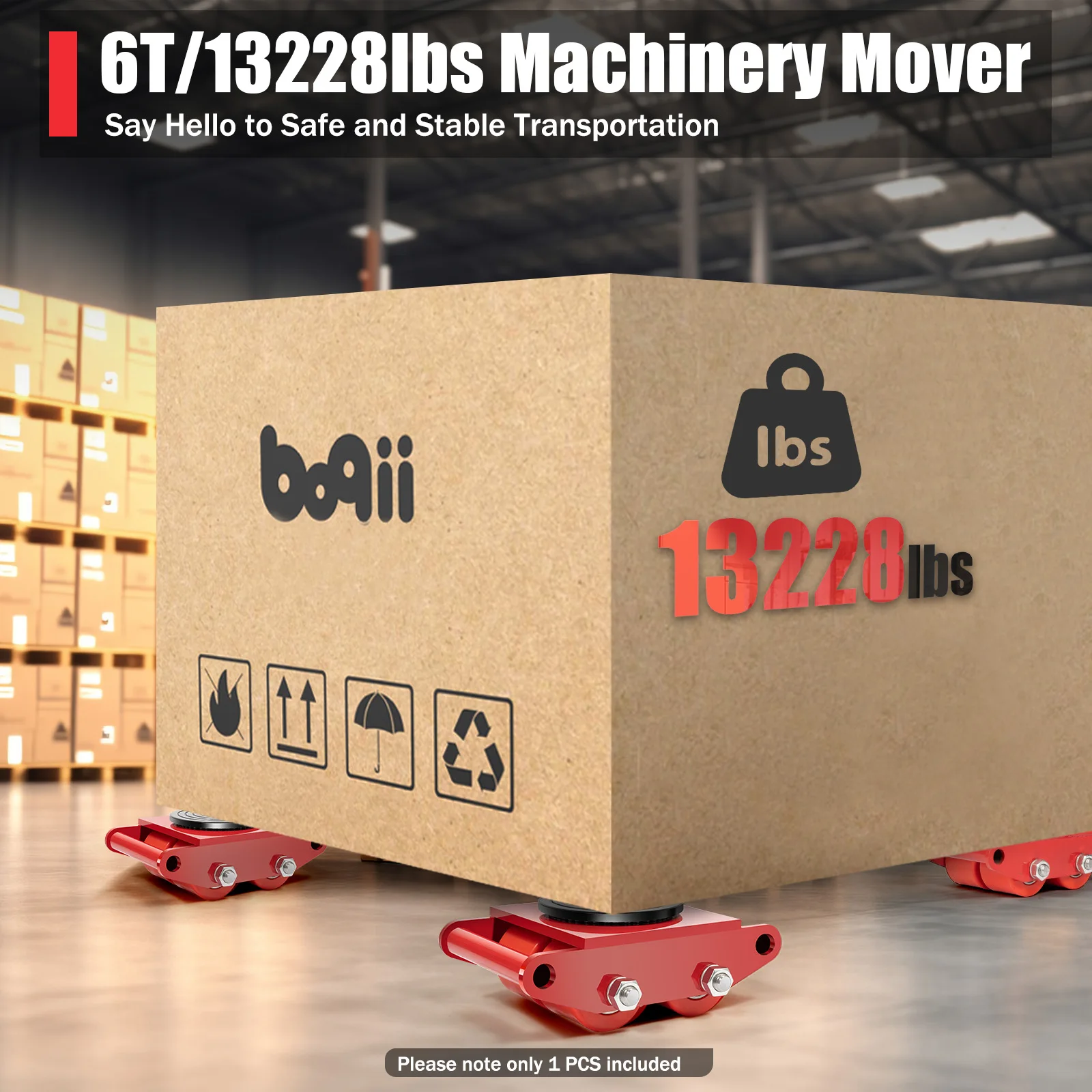 Machinery Skate Dolly 6T/13200LB Kapazität Machinery Moving Skate mit 4 PU-Rollen 360 ° Rotation Cap Machinery Mover Rot/Gelb