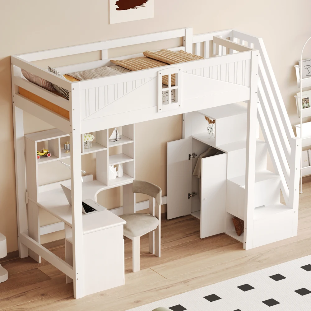 Hochbett aus Massivholz, 90 x 200 cm, einzigartige Sicherheitstür mit Fenster, Seitensetzung, Sicherheitsleiter links und rechts austauschbar Image