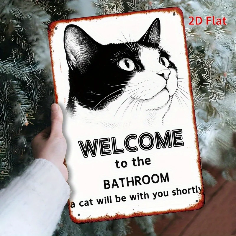 1 lustiges Willkommensschild – Badezimmerdekoration mit schwarzer und weißer Katze mit „Willkommen im Badezimmer – eine Katze wird bei dir kurz sein“ Image