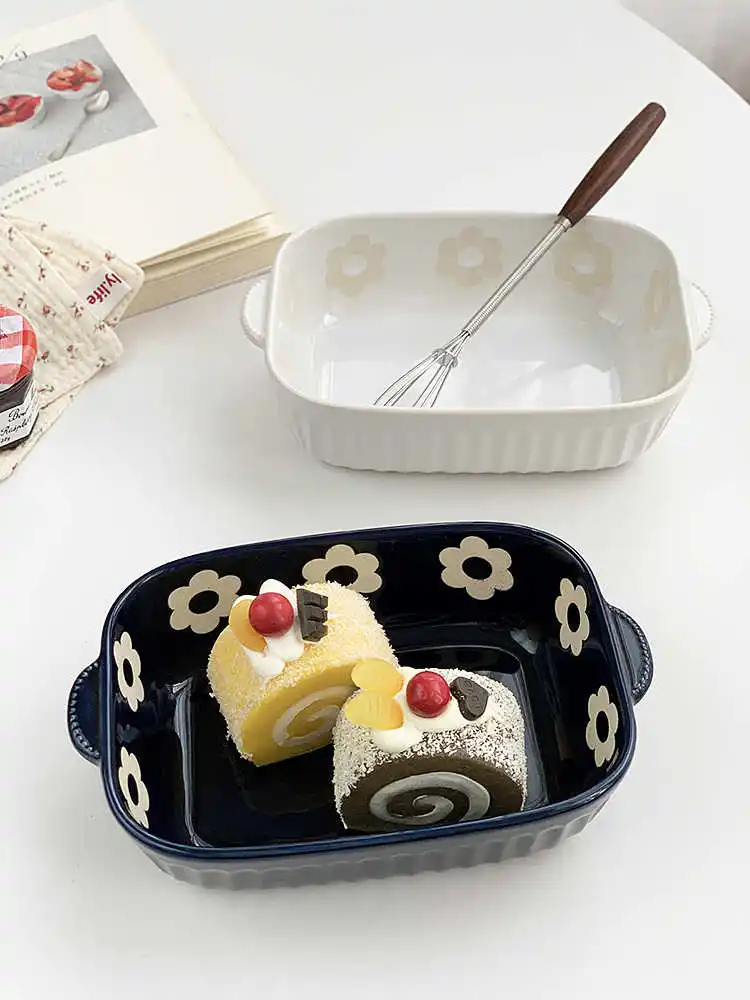 Ins Style Cute Little Flower Ceramic Bowl Household Dessert Fruit Salad Bowls High Quality Square Breakfast Tableware