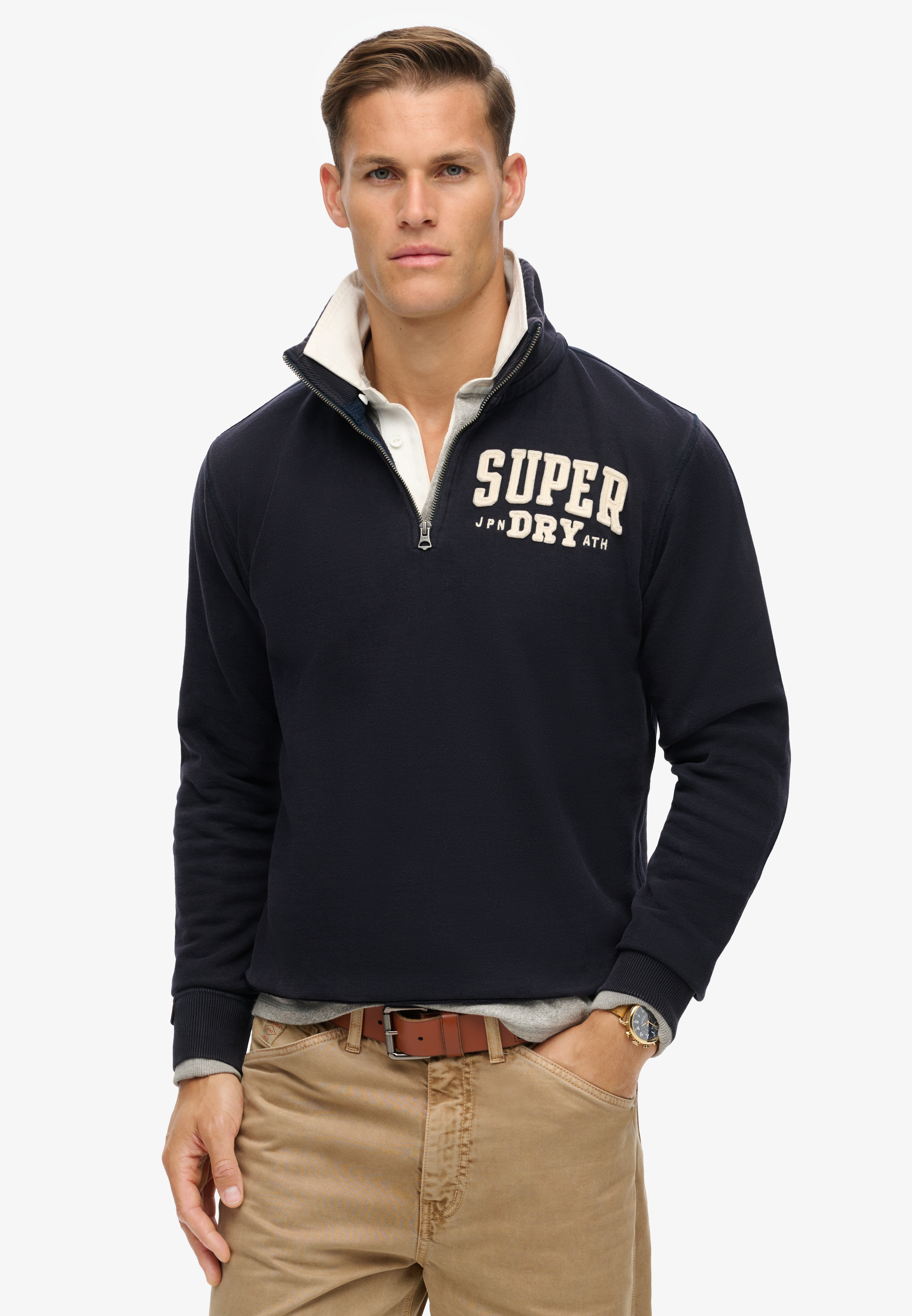 Sweatshirt SUPERDRY "VINTAGE ATHLETIC ZIP HENLEY", Herren, Gr. S, eclipse navy, angeraute Sweatware, Obermaterial: 100% Baumwolle, bedruckt, loose fit hüftlang, hoch geschlossener Ausschnitt, Rippbündchen, Sweatshirts Sweatshirt