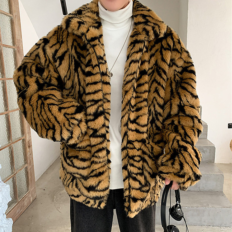Men's Winter Jacket Faux Fur Coat Vacation Daily Thermal Warm Fleece Fall Winter Leopard Fashion Streetwear Stand Collar Regular White Yellow Jacket