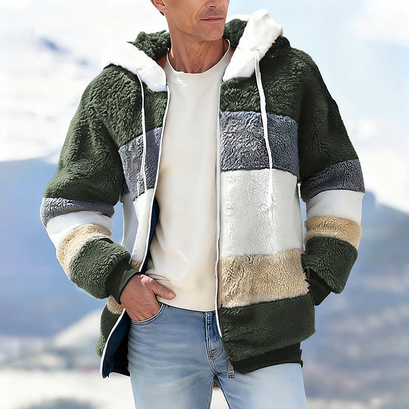 Men's Winter Jacket Teddy Coat Vacation Daily Thermal Warm Pocket Fleece Fall Winter Color Block Fashion Streetwear Hooded Regular Black Wine Blue Purple Brown Jacket