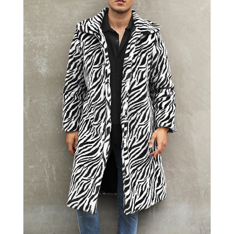 Men's Winter Jacket Faux Fur Coat Vacation Daily Thermal Warm Fleece Fall Winter Leopard Fashion Streetwear Lapel Long Faux Fur White Brown Jacket