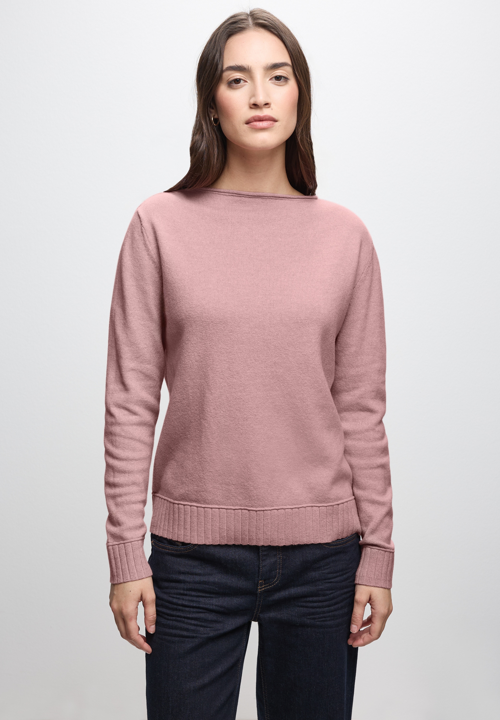 Strickpullover STREET ONE, Damen, Gr. 40, powder pink meliert, Stoff, 33% Polyester, 31% Polyacryl, 24% Baumwolle, 12% Polyamid, unifarben, normal normal, U-Boot-Ausschnitt, Rippbündchen, Pullover Strickpullover, mit U-Boot-Ausschnitt