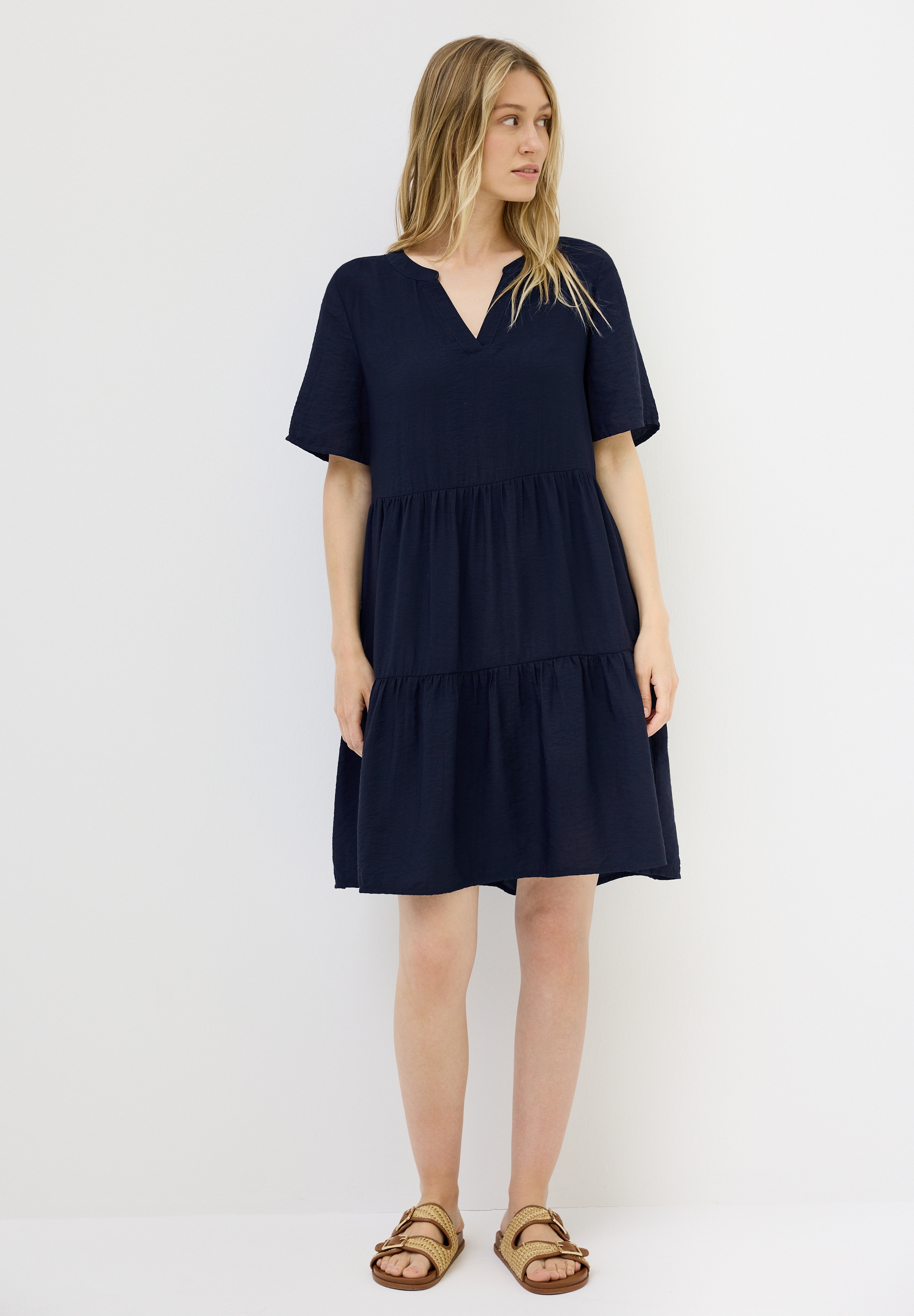 Sommerkleid CECIL, Damen, Gr. XL (44), US-Größen, blau (urban navy blau), Stoff, 95% Viskose, 5% Nylon, unifarben, normal knieumspielend, V-Ausschnitt, angesetztes Bündchen, Kleider Sommerkleid, in Unifarbe
