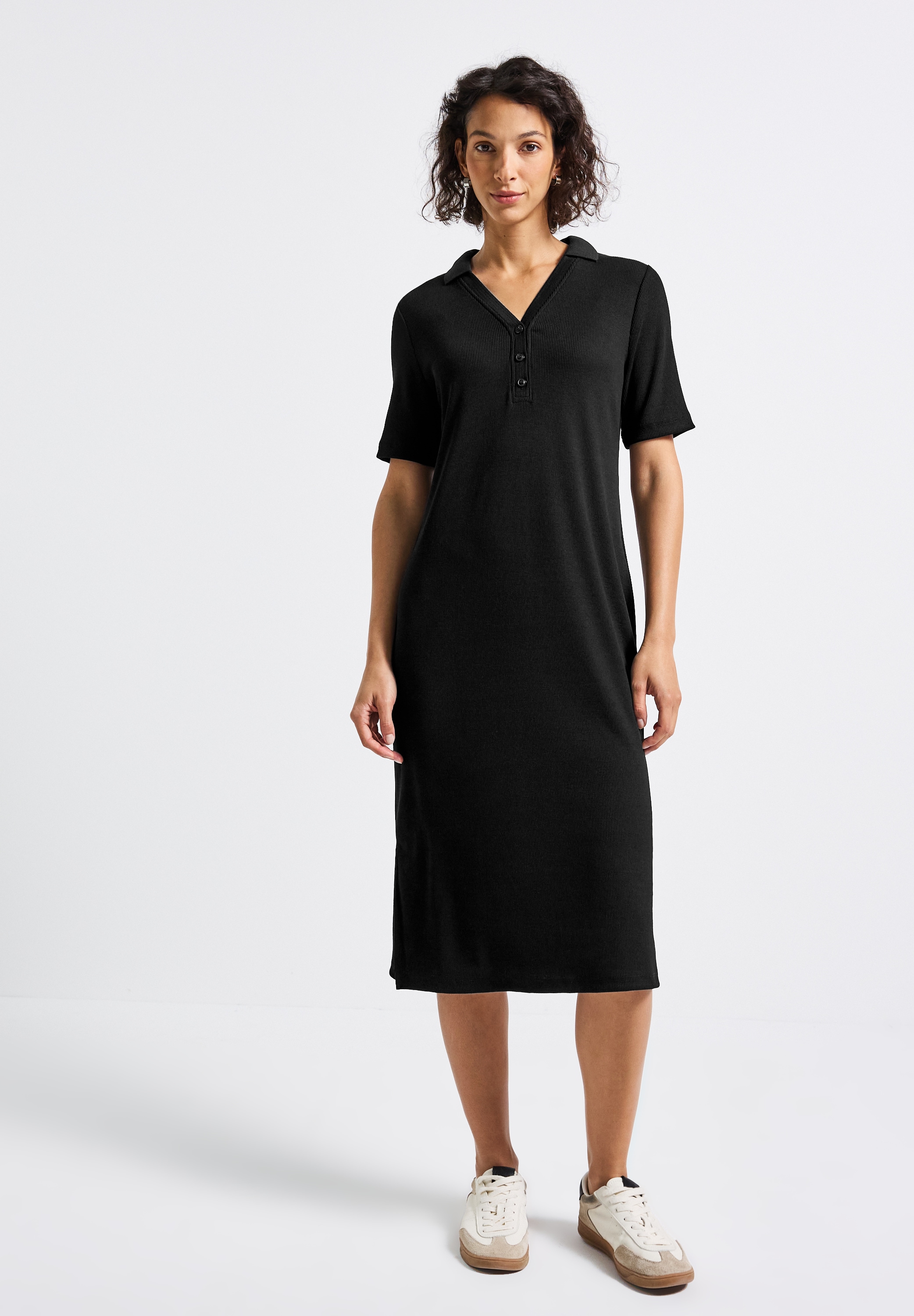 Midikleid STREET ONE, Damen, Gr. 44, EURO-Größen, schwarz, Stoff, 63% Polyester, 34% Viskose, 3% Elasthan, unifarben, normal knieumspielend, V-Ausschnitt, abgesteppt, Kleider Midikleid, in Unifarbe