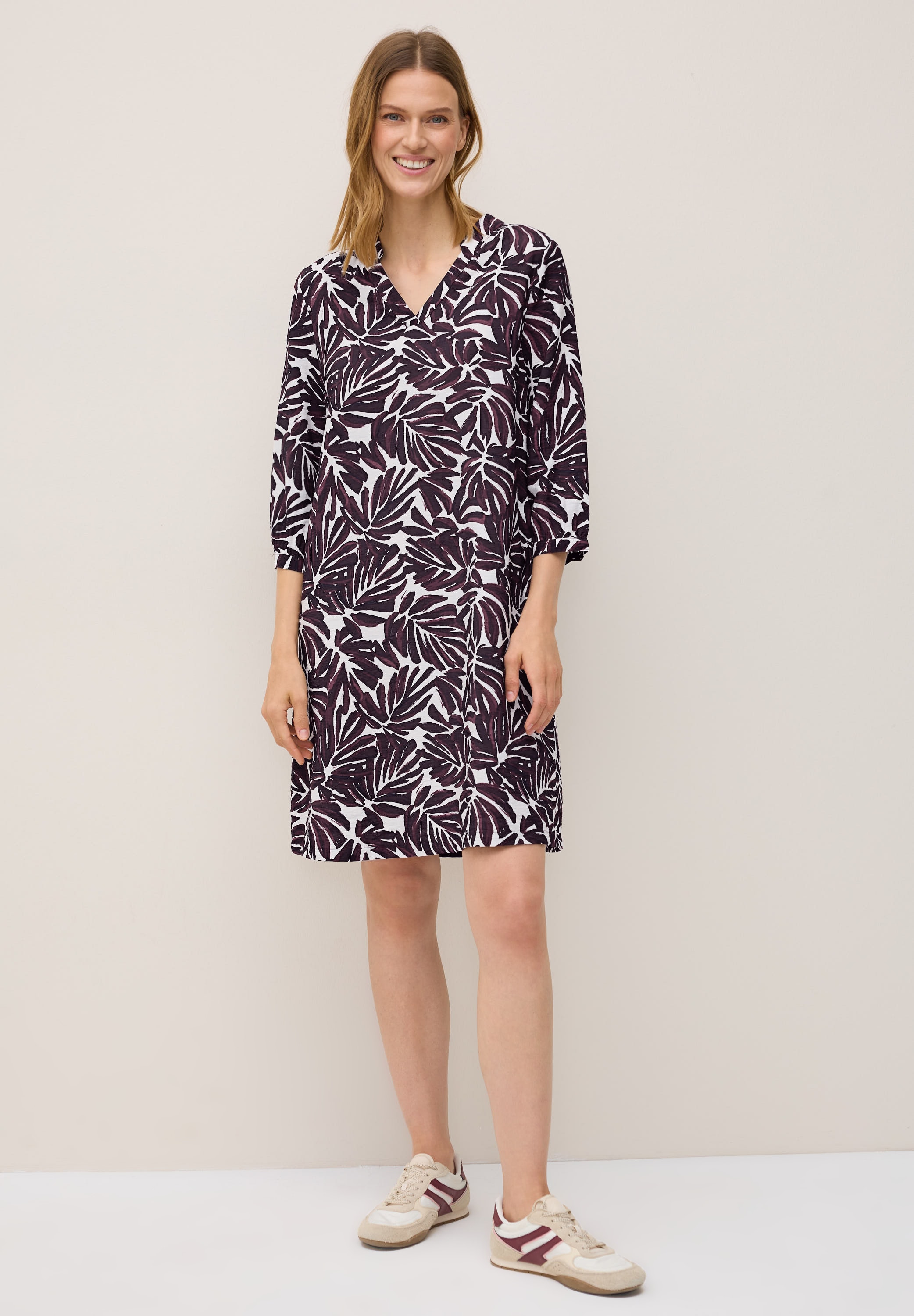 Sommerkleid CECIL, Damen, Gr. XL (44), US-Größen, rot (mulberry rot), Stoff, 88% Viskose, 12% Polyamid, unifarben, comfort fit knieumspielend, V-Ausschnitt, Manschette, Kleider Sommerkleid, knielang