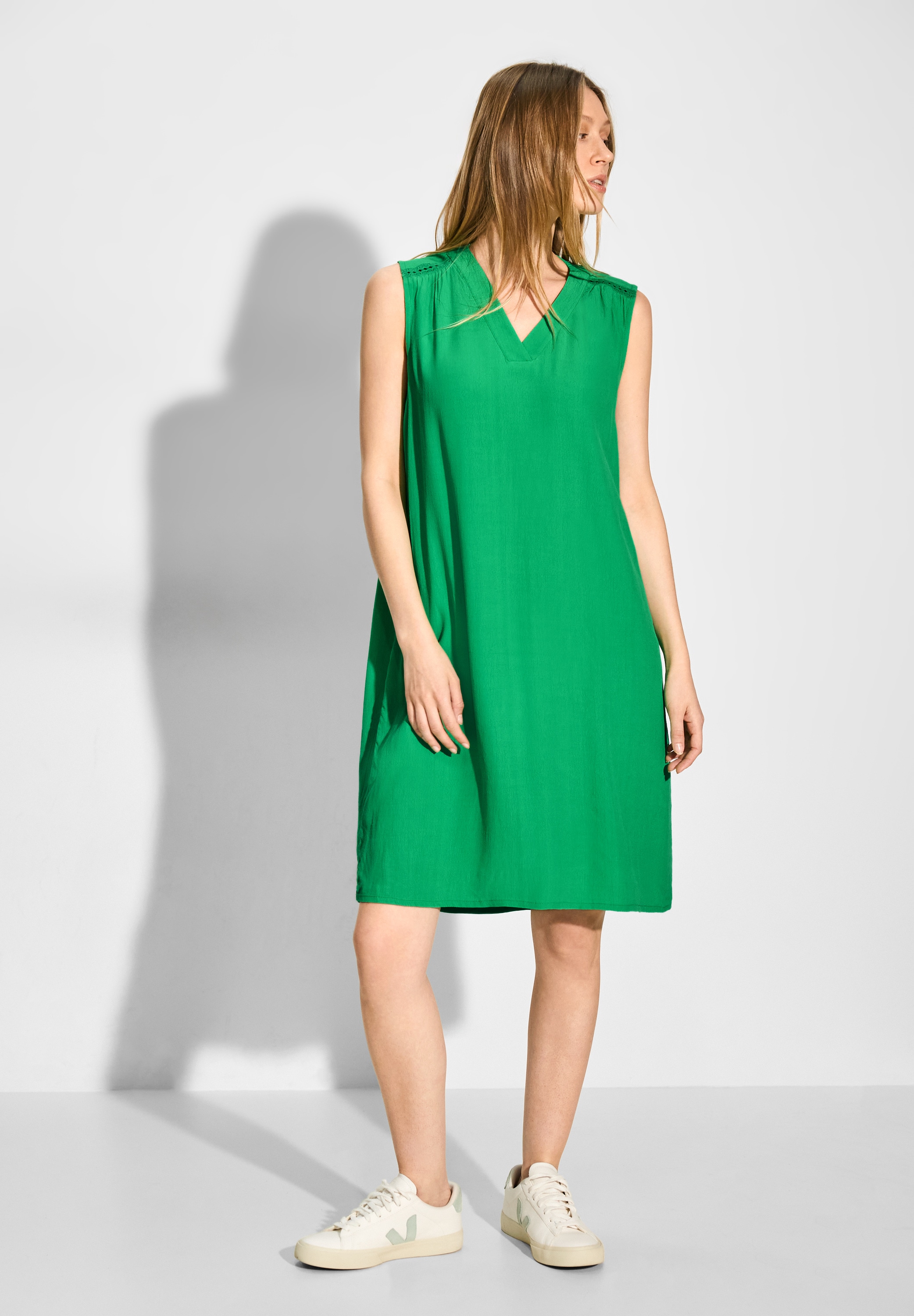 Sommerkleid CECIL, Damen, Gr. M (40), US-Größen, grün (fresh apple grün), Stoff, 100% Viskose, unifarben, gerade kurz, V-Ausschnitt, Bündchen, Kleider Sommerkleid, in Crepe Optik