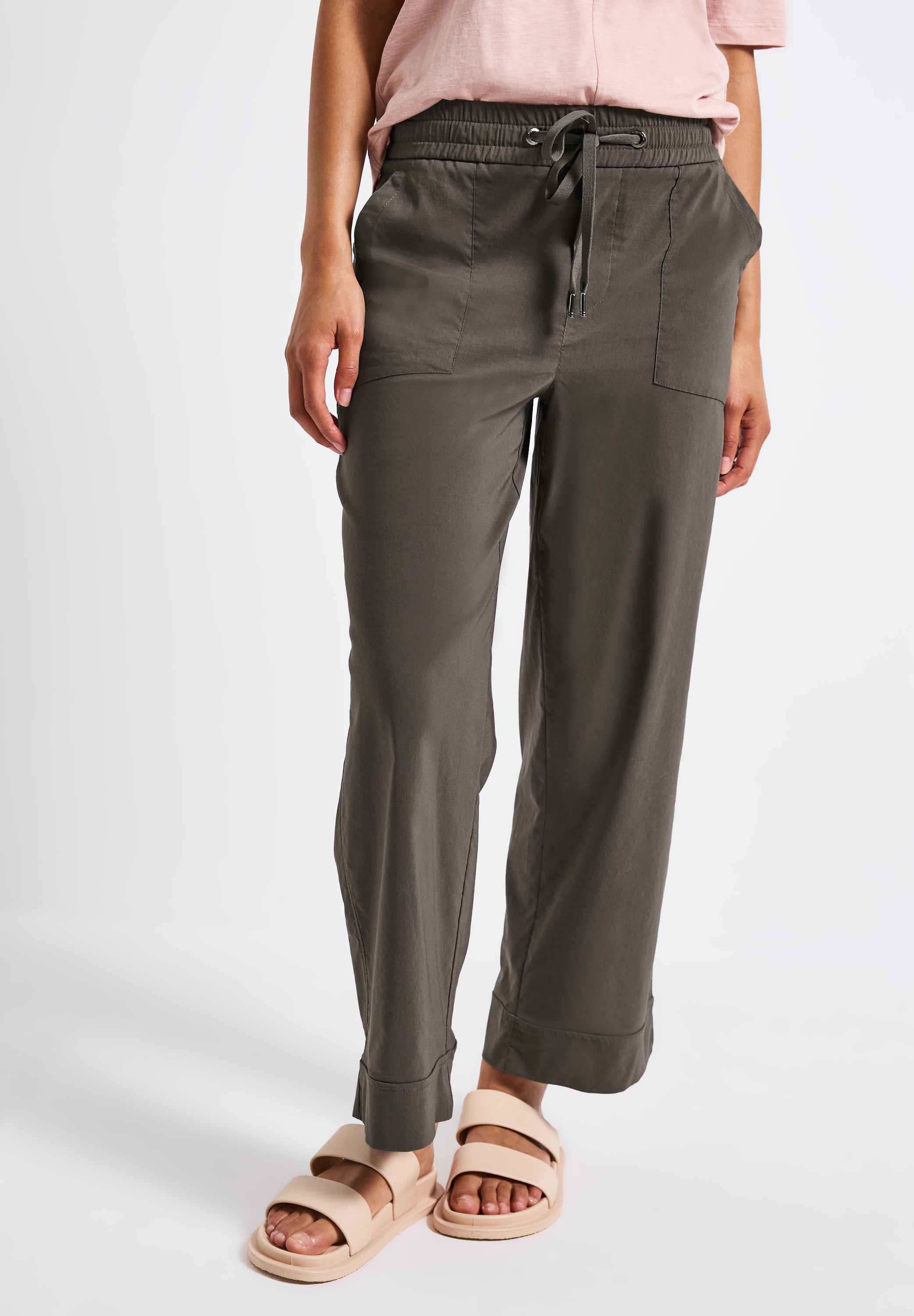 Bermudas STREET ONE, Damen, Gr. 46, Länge 28, braun (nomad braun), Web, 66% Baumwolle, 30% Polyester, 4% Elasthan, unifarben, comfort fit normal, Hosen Bermudas, High Waist