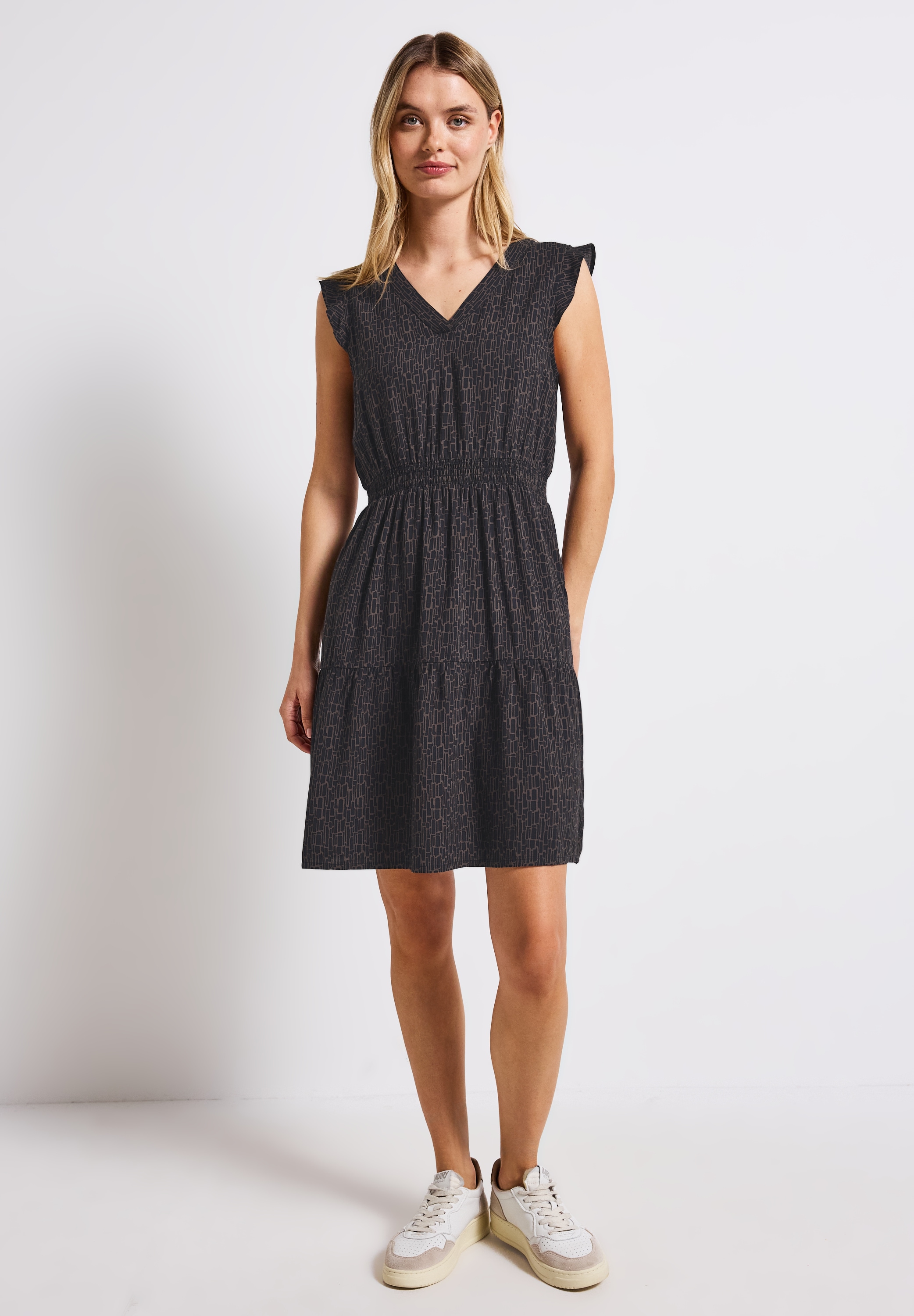 Tunikakleid STREET ONE, Damen, Gr. 40, EURO-Größen, blau (deepwater blau), Stoff, 100% Viskose, bedruckt, normal knielang, V-Ausschnitt, Volant, Kleider, aus Viskose