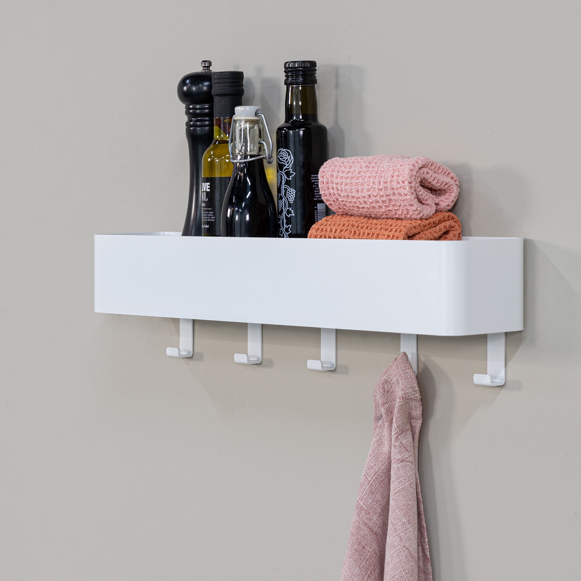 Garderobenhaken SPINDER DESIGN "Multi 5", weiß, B:52cm H:13cm T:10cm, Stahl, Garderobenhalter, Garderobenhaken, 2-in-1 Wandregal + Garderobe