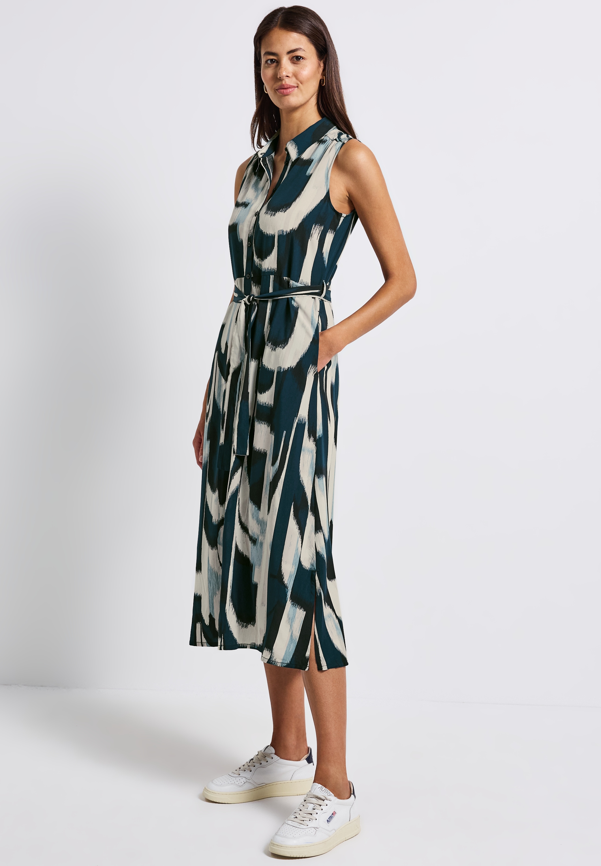 Midikleid STREET ONE, Damen, Gr. 38, EURO-Größen, blau (tide blau), Stoff, 100% Viskose, bedruckt, normal wadenlang, V-Ausschnitt, abgesteppt, Kleider Midikleid, mit allover Print