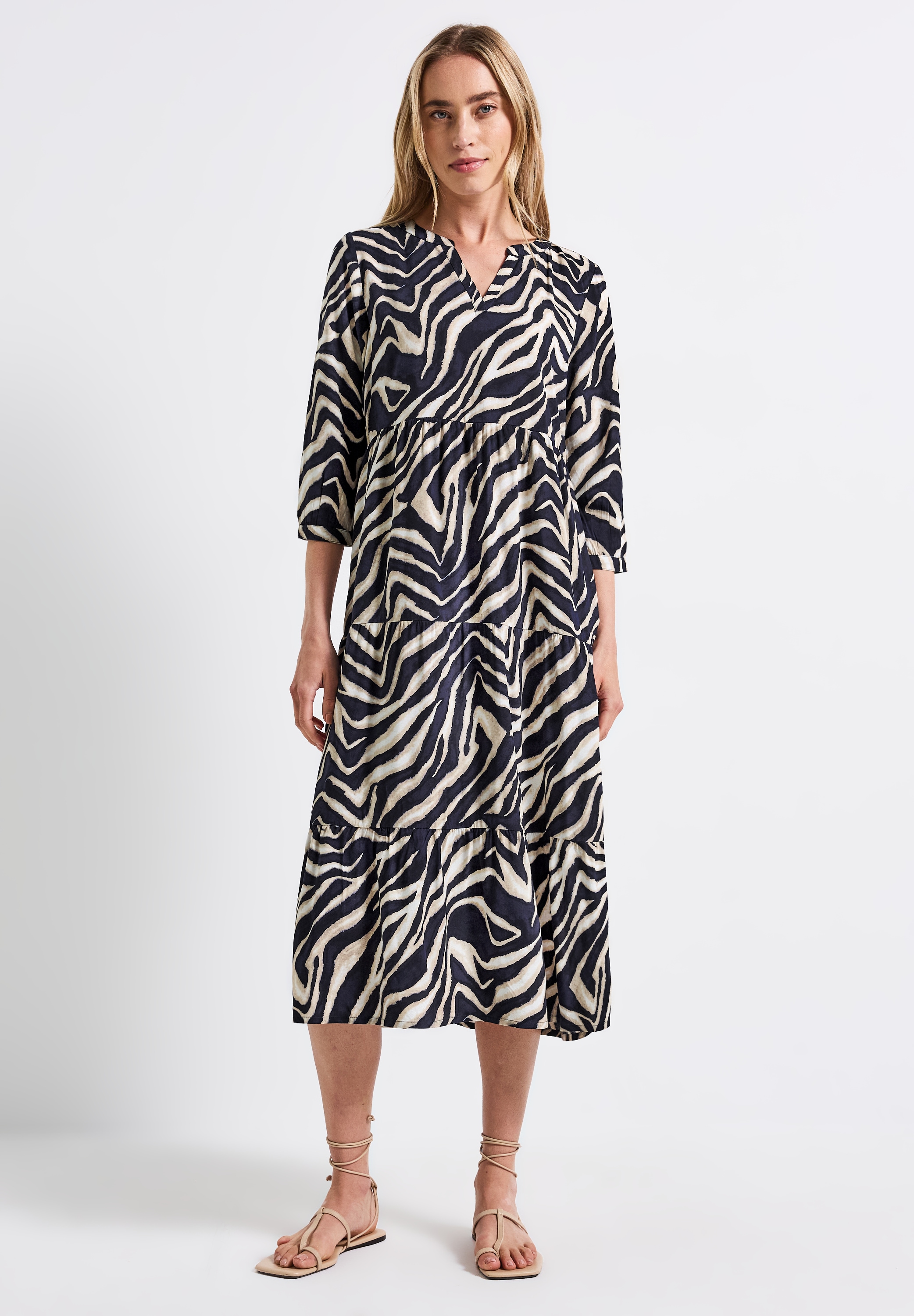 Midikleid STREET ONE, Damen, Gr. 36, EURO-Größen, blau (tiefblau), Stoff, 100% Viskose, bedruckt, normal knielang, Rundhals, Bündchen, Kleider Midikleid, aus Viskose