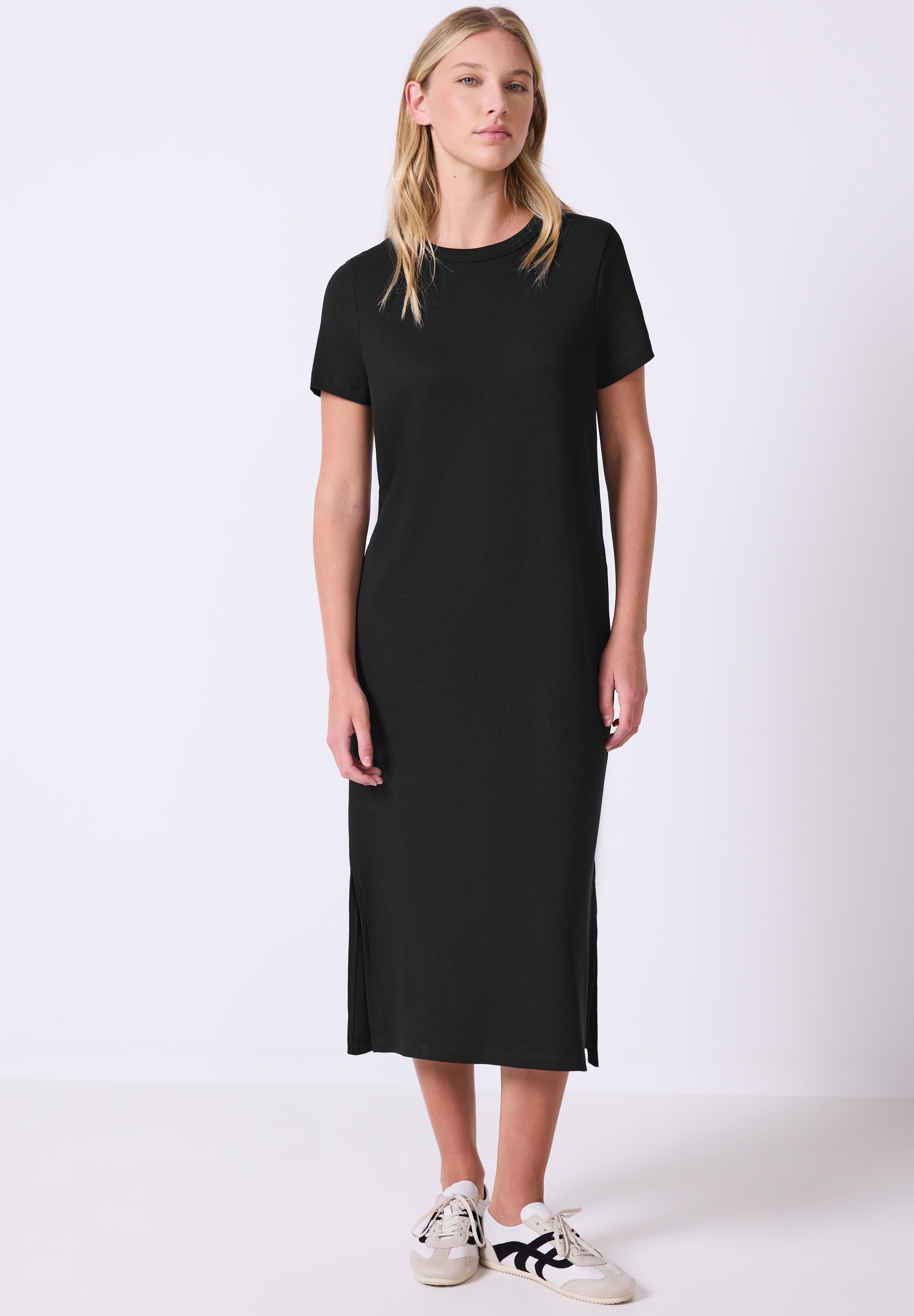 Midikleid STREET ONE STUDIO, Damen, Gr. 40, EURO-Größen, schwarz, Web, 95% Baumwolle, 5% Elasthan, unifarben, normal wadenlang, Rundhals, abgesteppt, Kleider Midikleid, mit Rundhalsausschnitt