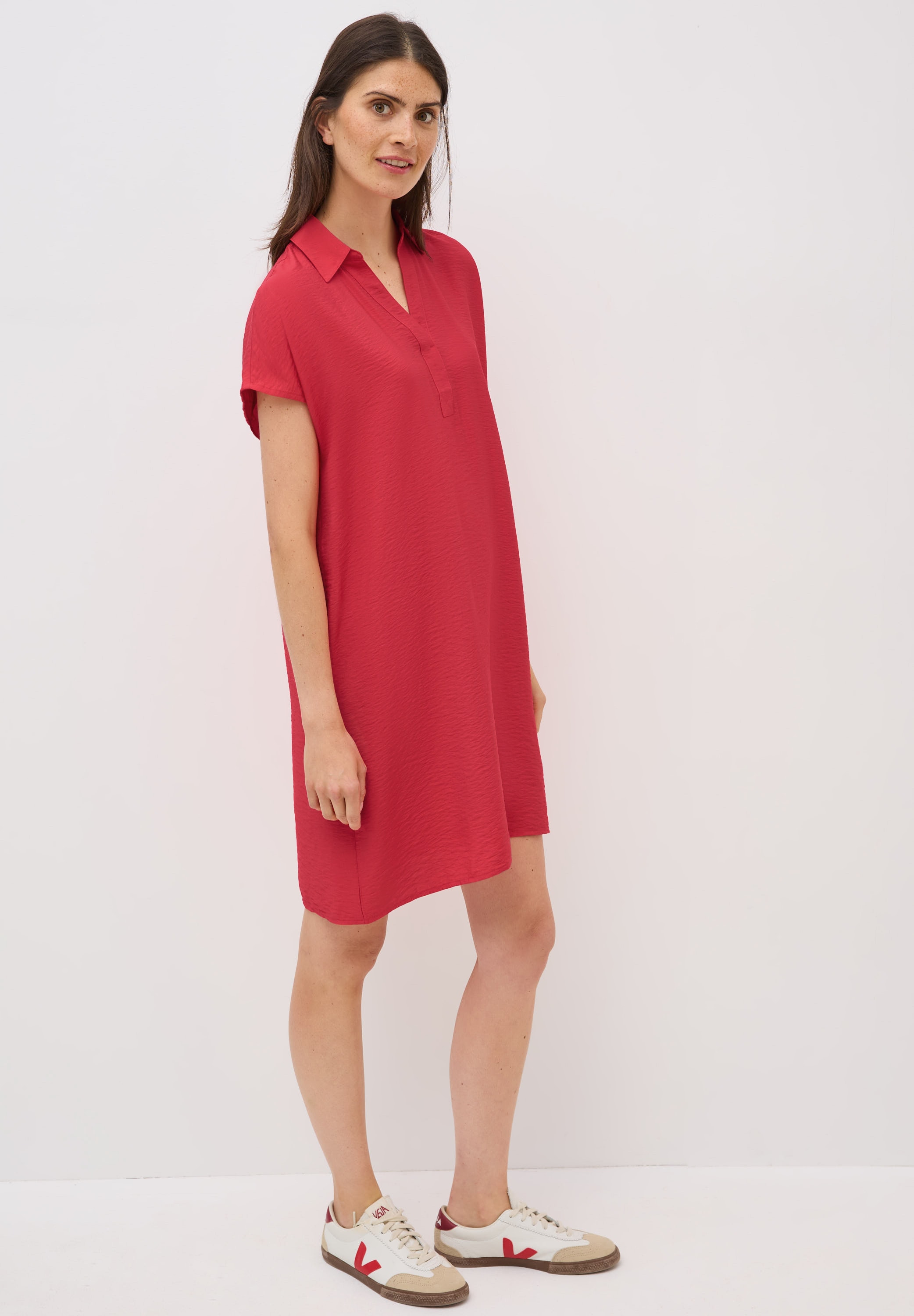 Blusenkleid CECIL, Damen, Gr. XL (44), US-Größen, rot (glazed apple rot), Stoff, 88% Viskose, 12% Polyamid, unifarben, comfort fit normal, V-Ausschnitt, abgesteppt, Kleider Blusenkleid, im Hemdblusen-Style