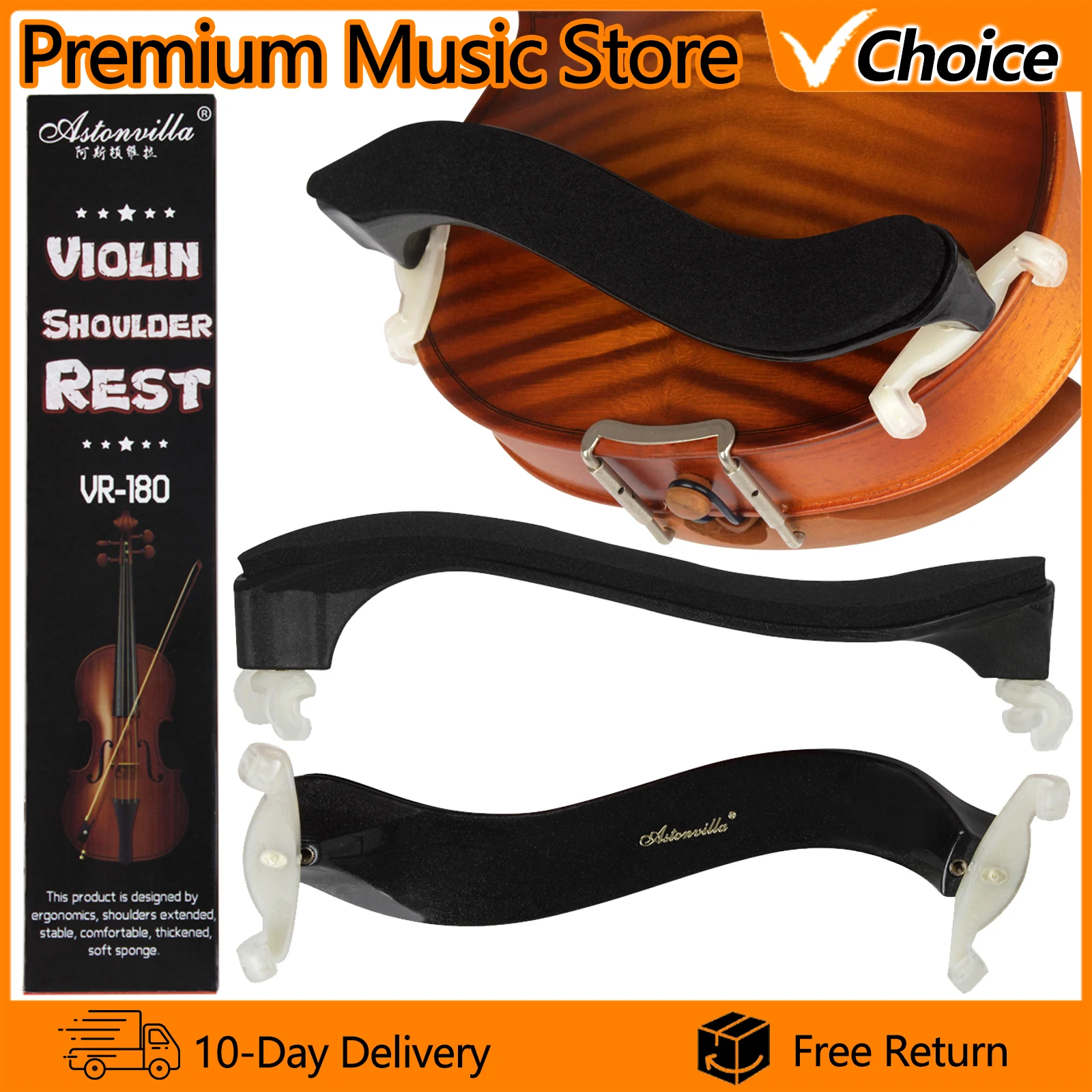 Astonvilla Violine Schulterstütze, verstellbar, Glas, Stahl, Schwarz, Universalmontage für 3/4 4/4 Viola Saiteninstrument-Zubehör Image