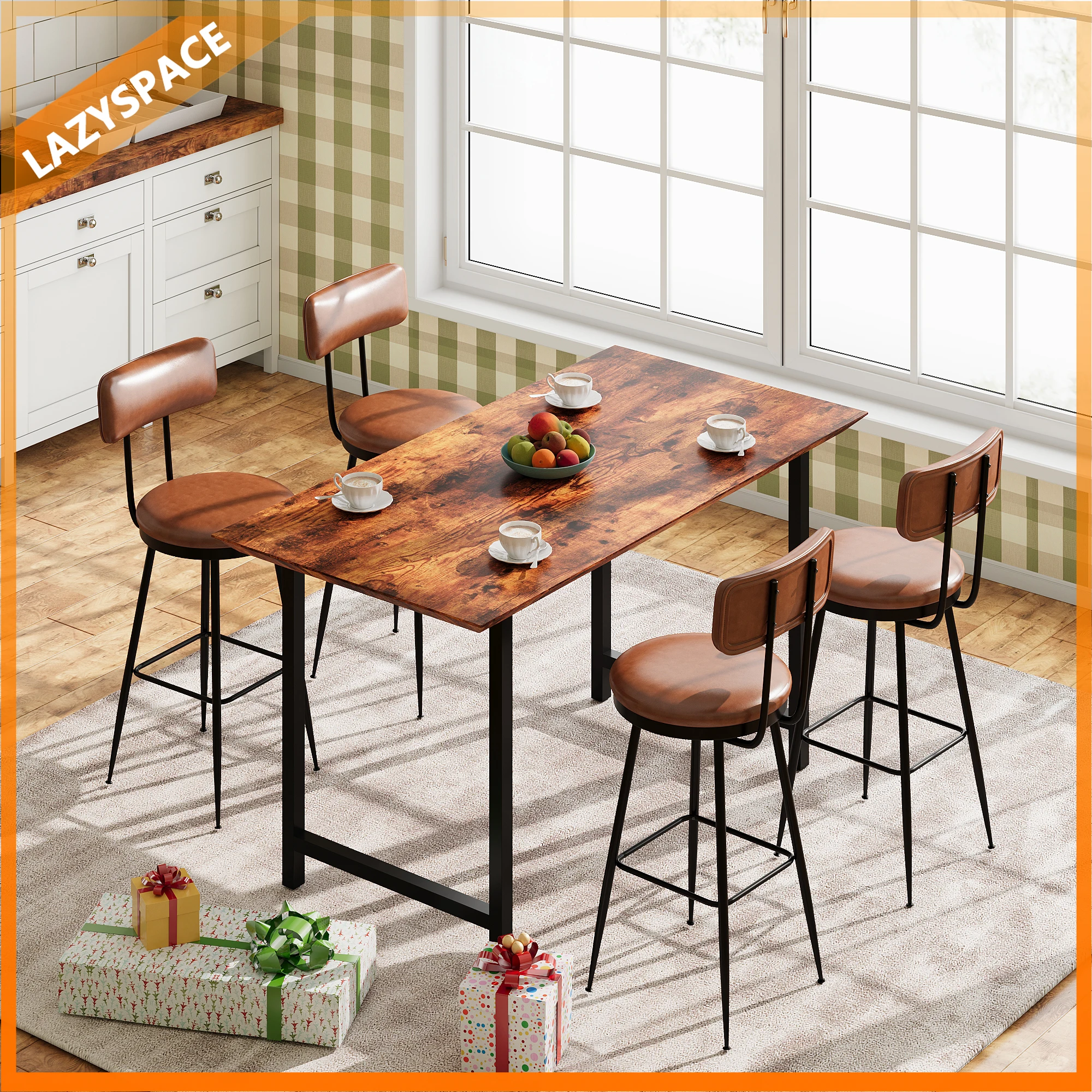 Lazyspace Barstühle mit Metallbeinen, 4er-Set, Heimstühle mit gepolstertem Sitz und Rückenlehne aus PU-Leder, Barhocker, 85,5 cm hoch