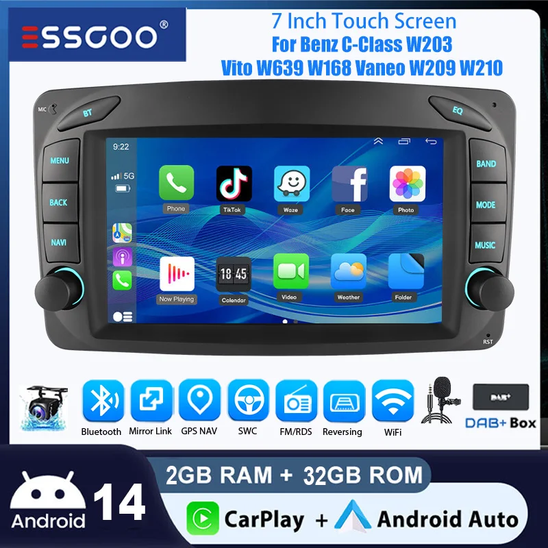 ESSGOO Android14 Autoradio 7" 2+64 GB Wireless CarPlay Bluetooth für Mercedes W203 Vito W639 W168 Vaneo W209 W210 GPS Navigation WiFi RDS Mikrofon Mirror Link RGB Android Auto IPS Kapazitiver Image