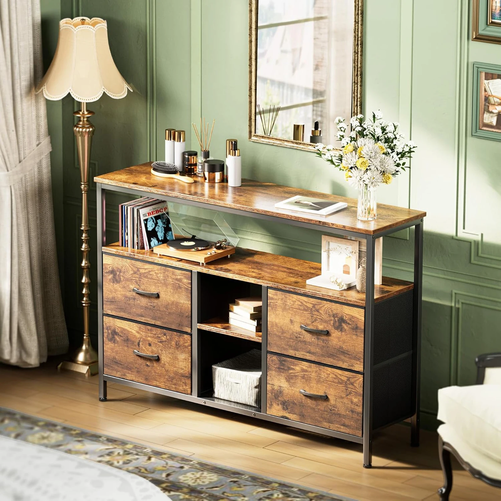 TV-Schrank,Eisenrahmentisch mit LED-Beleuchtung,Wohnzimmer-TV-Aufbewahrungsschrank mit Schubladen,Retro-Schranktisch