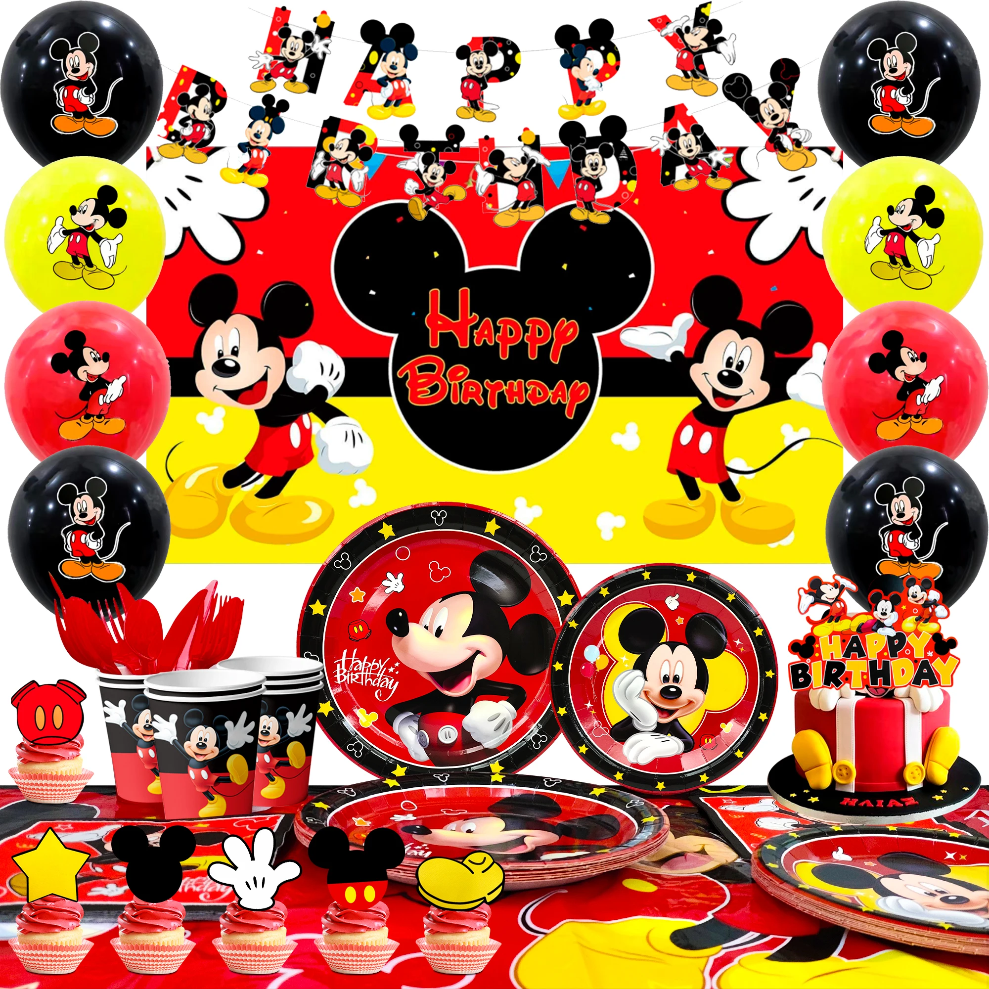 Disney Mickey Mouse Partyzubehör, 112 Stück Mickey Mouse Dekorationen und Geschirr – Banner, Teller, Tasse usw. Mickey-Geburtstagsparty-Zubehör Image