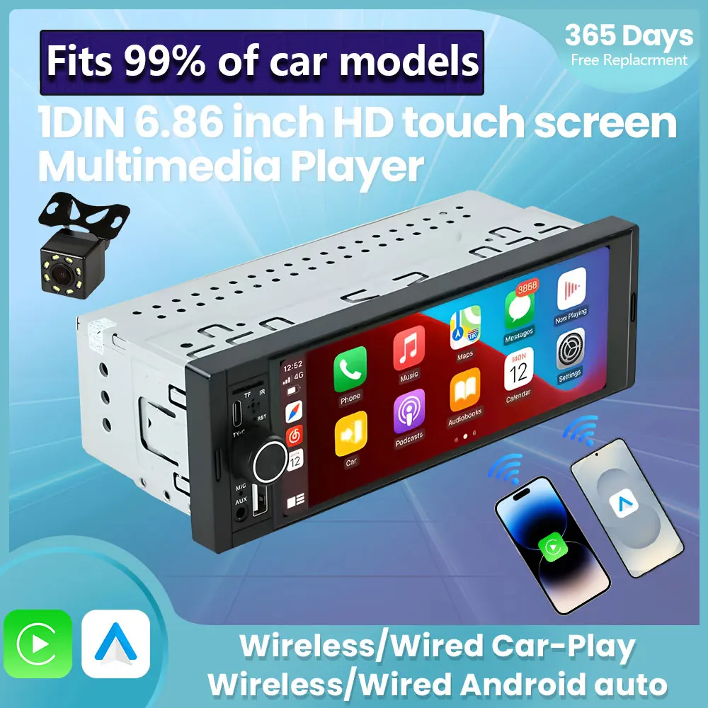 Plug and Play 1Din Wireless CarPlay Android AUTO HD Touchscreen Universal 6,86'' Autoradio FM Stereo MP5 Multimedia Player BT Image
