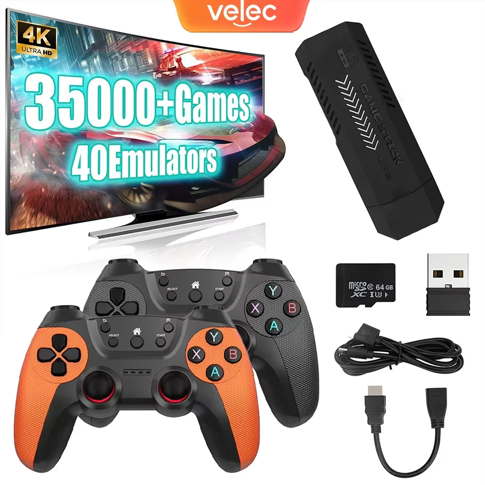 Velec X2 Pro TV Game Stick with 35000+ Games, 4K HD Mini Video Game Console, 64GB Storage & 2.4G Wireless Controller Game Player