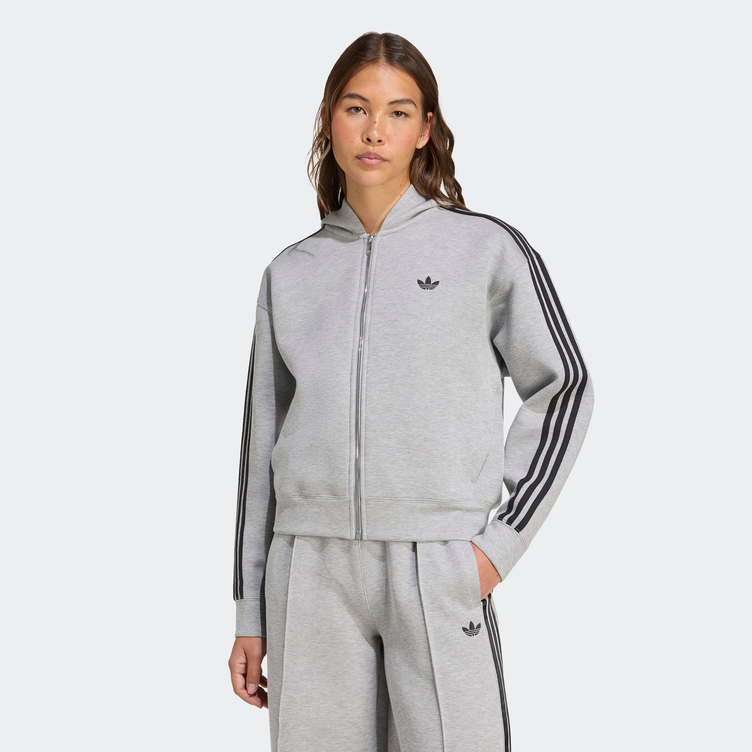 Sweatjacke ADIDAS ORIGINALS "SPACER 3S FZ", Damen, Gr. L, grau (medium grau heather), Obermaterial: 53% Baumwolle, 47% Polyester, Sweatjacken Sweatjacke